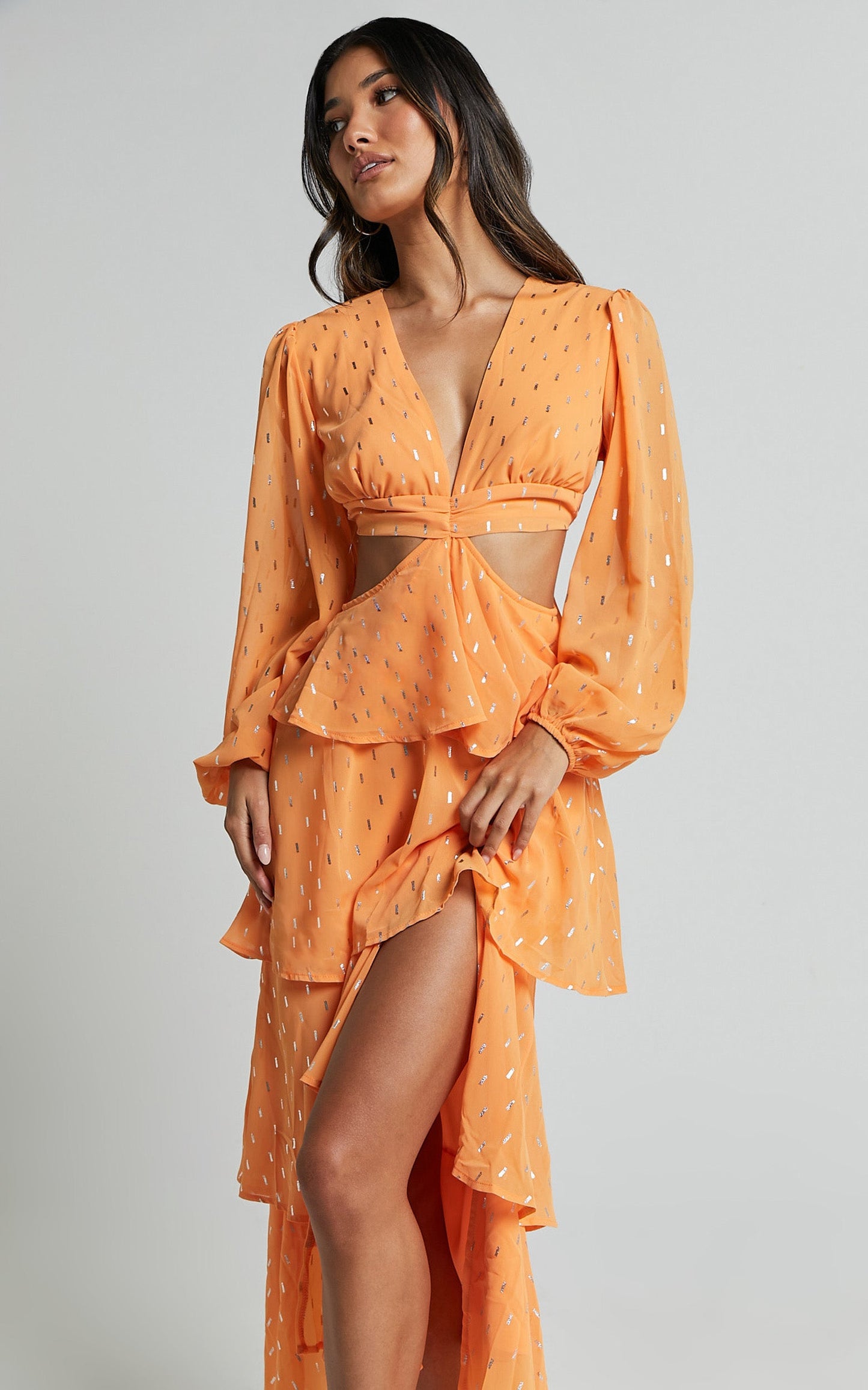 Ammie Midi Dress - Cut Out Balloon Sleeve Tierred Dress in Orange