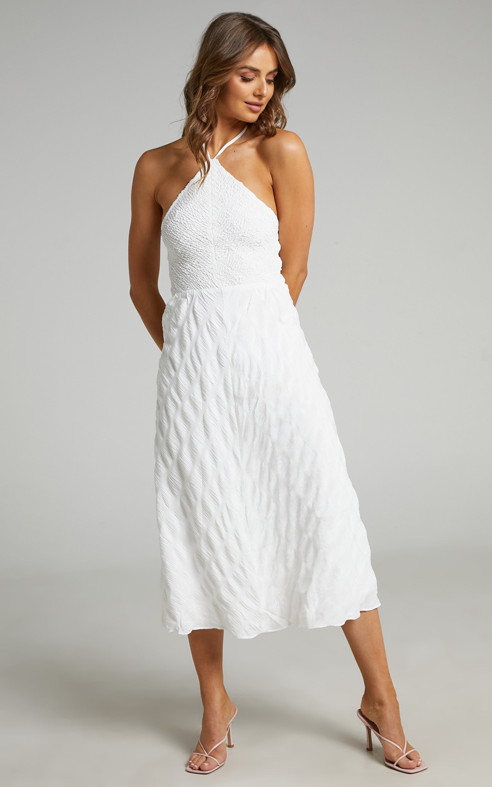 Amor Diamond Halter Shirred Bodice Midi Dress in White