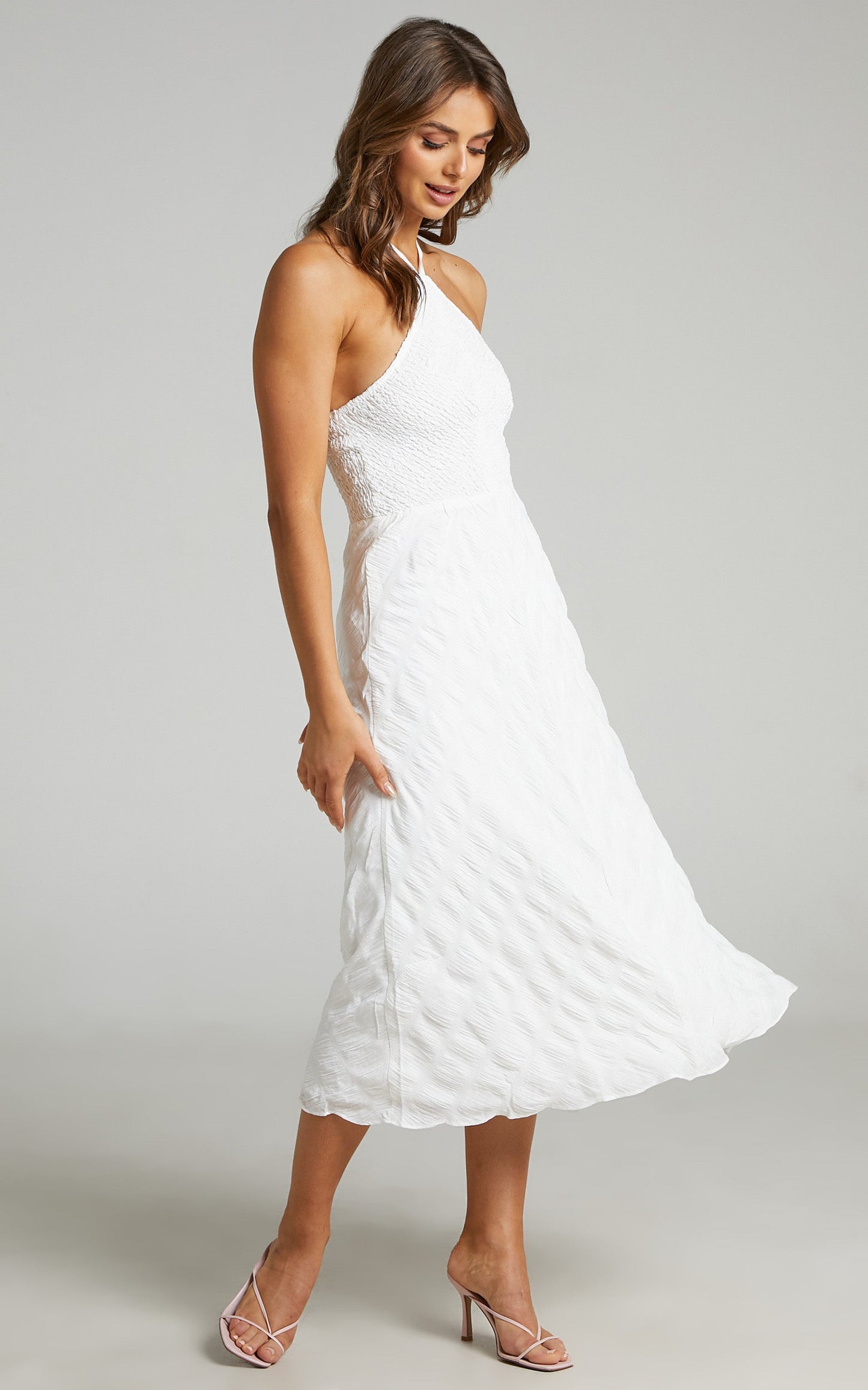Amor Diamond Halter Shirred Bodice Midi Dress in White
