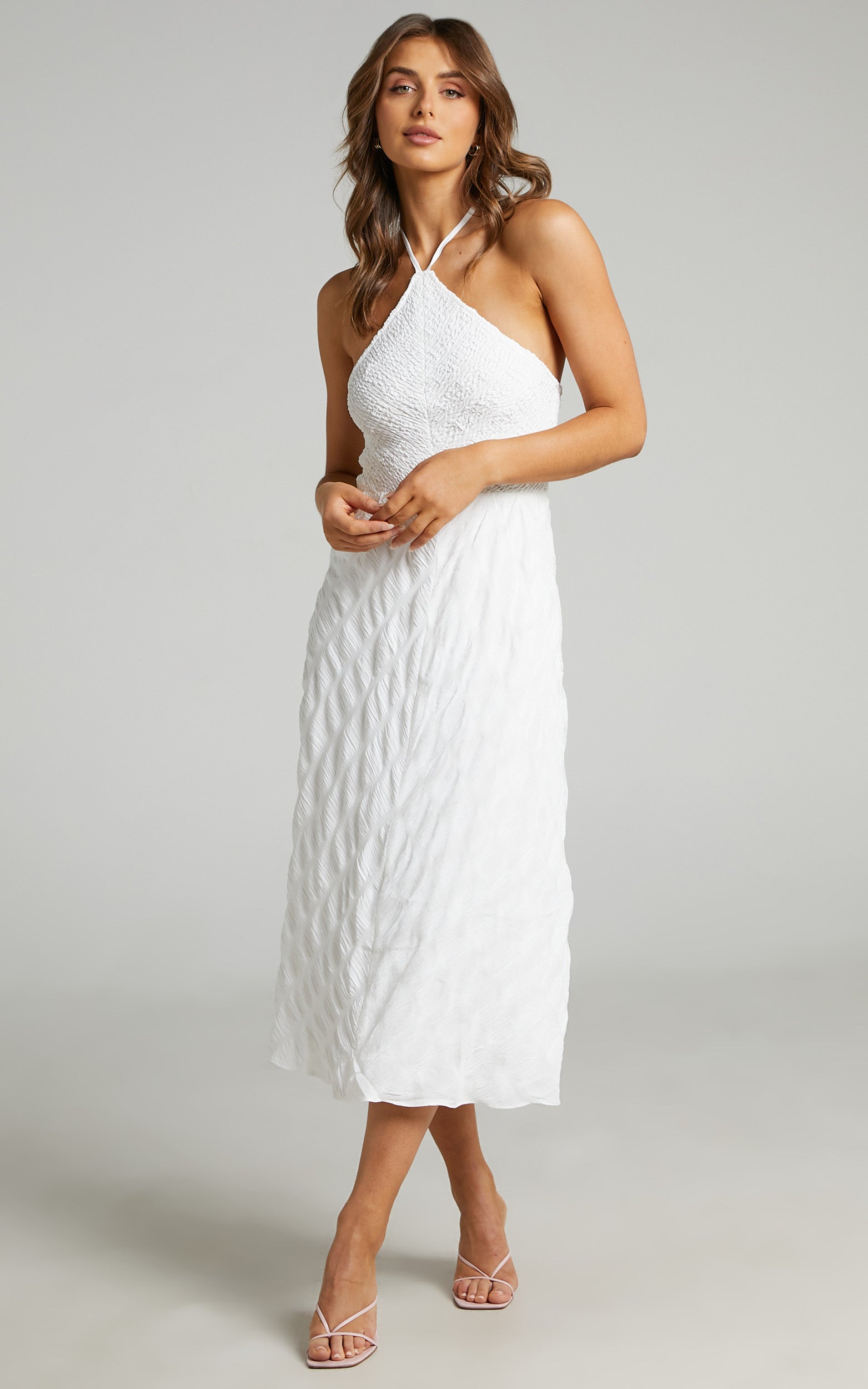 Amor Diamond Halter Shirred Bodice Midi Dress in White