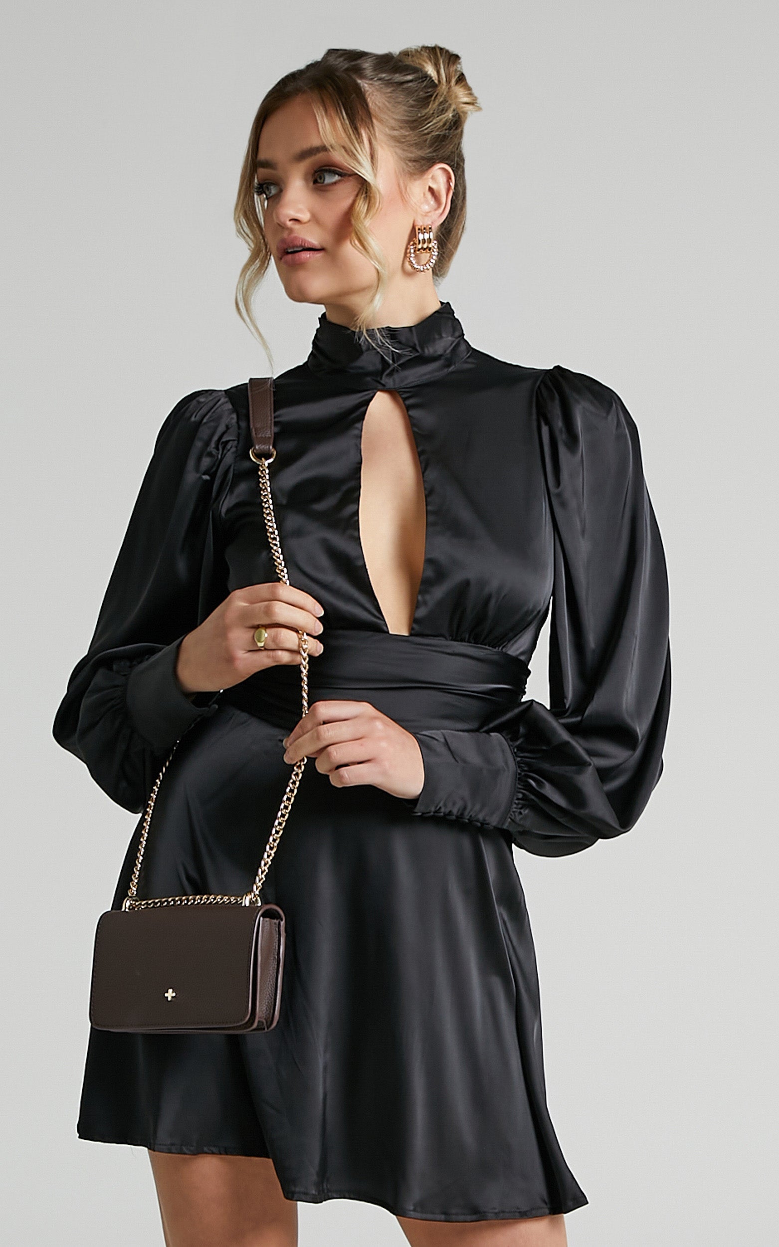Adrianne Mini Dress - Backless High Neck Dress in Black Satin