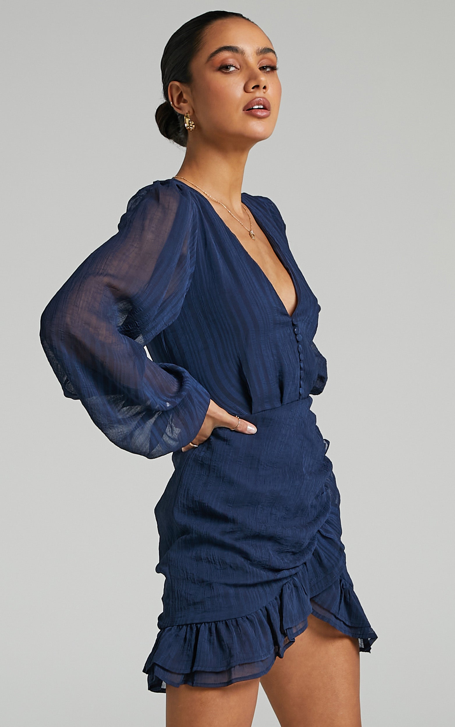 Amoretta Mini Dress - Textured Chiffon with Frills in Navy