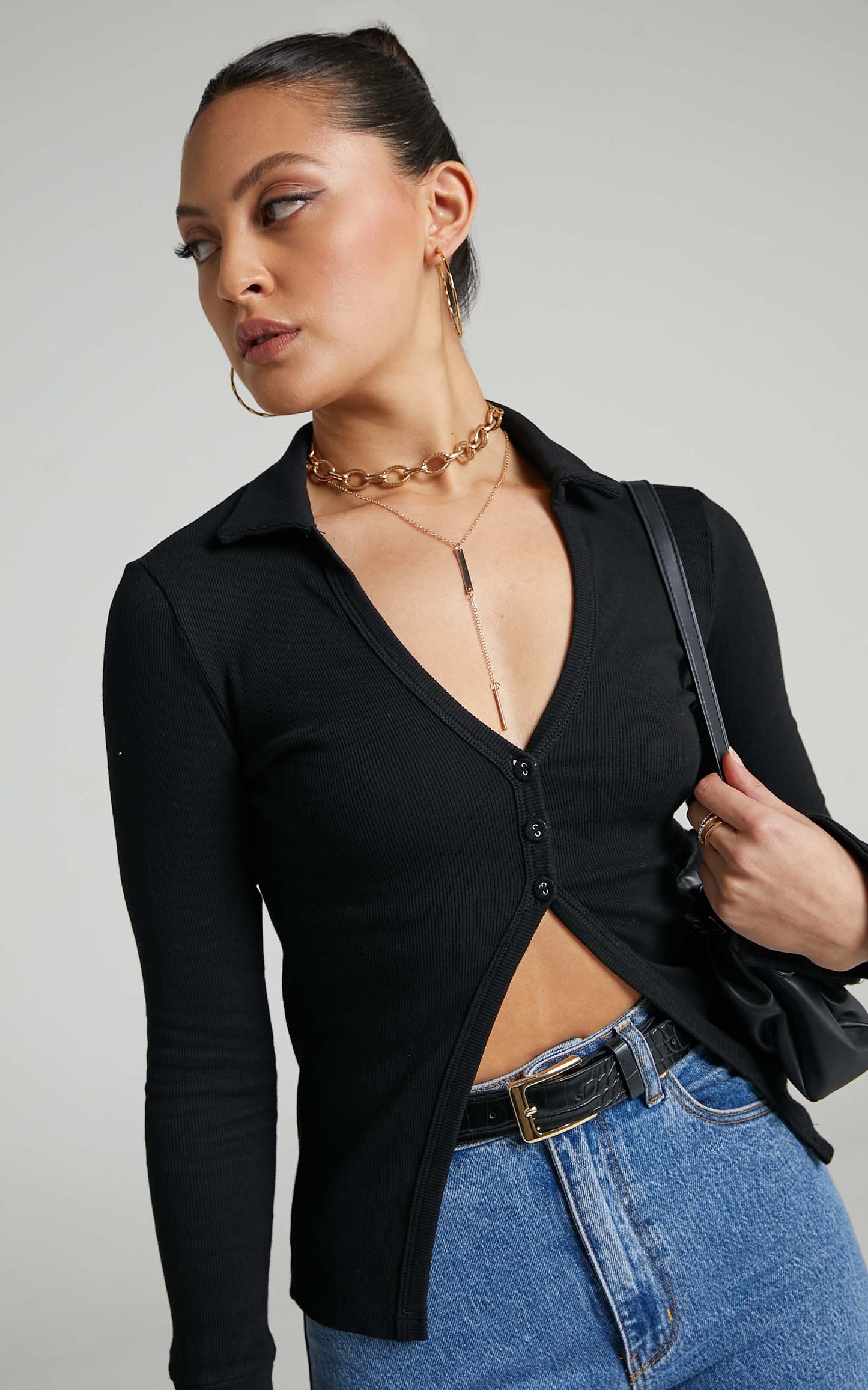 Amsu Top - Long Sleeve Button Up Top in Black