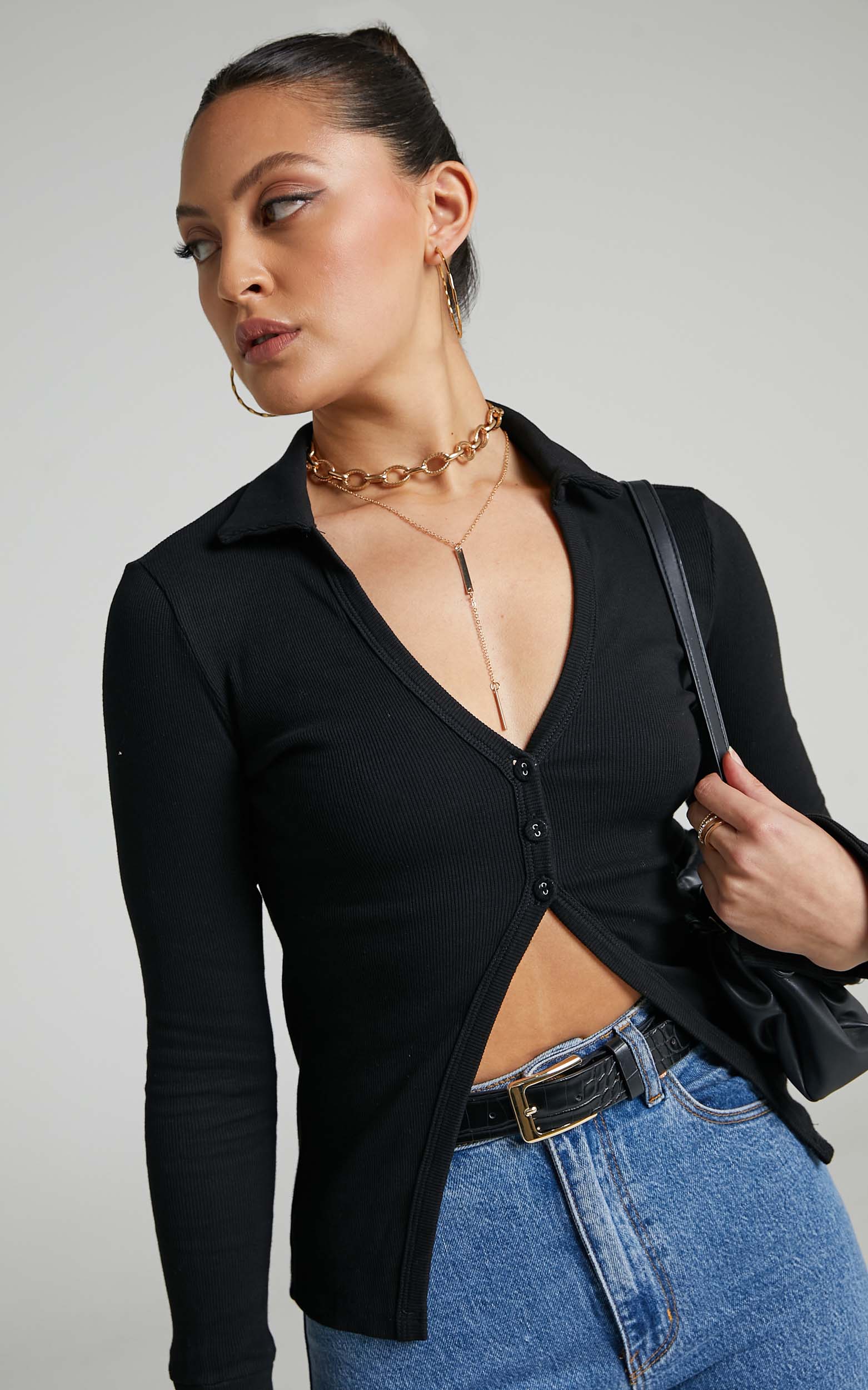 Amsu Top - Long Sleeve Button Up Top in Black