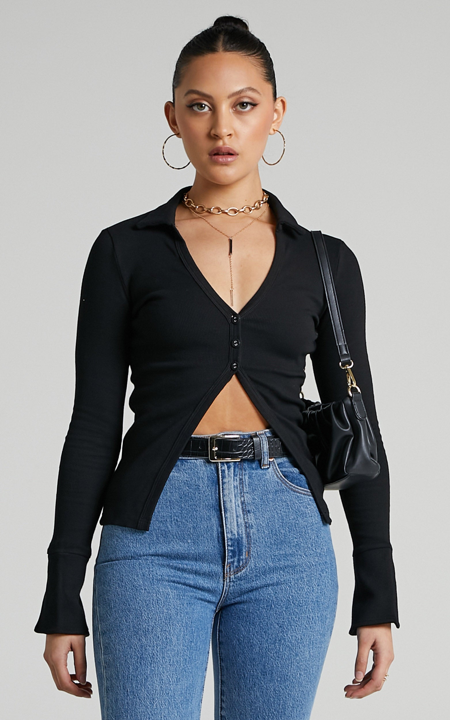 Amsu Top - Long Sleeve Button Up Top in Black