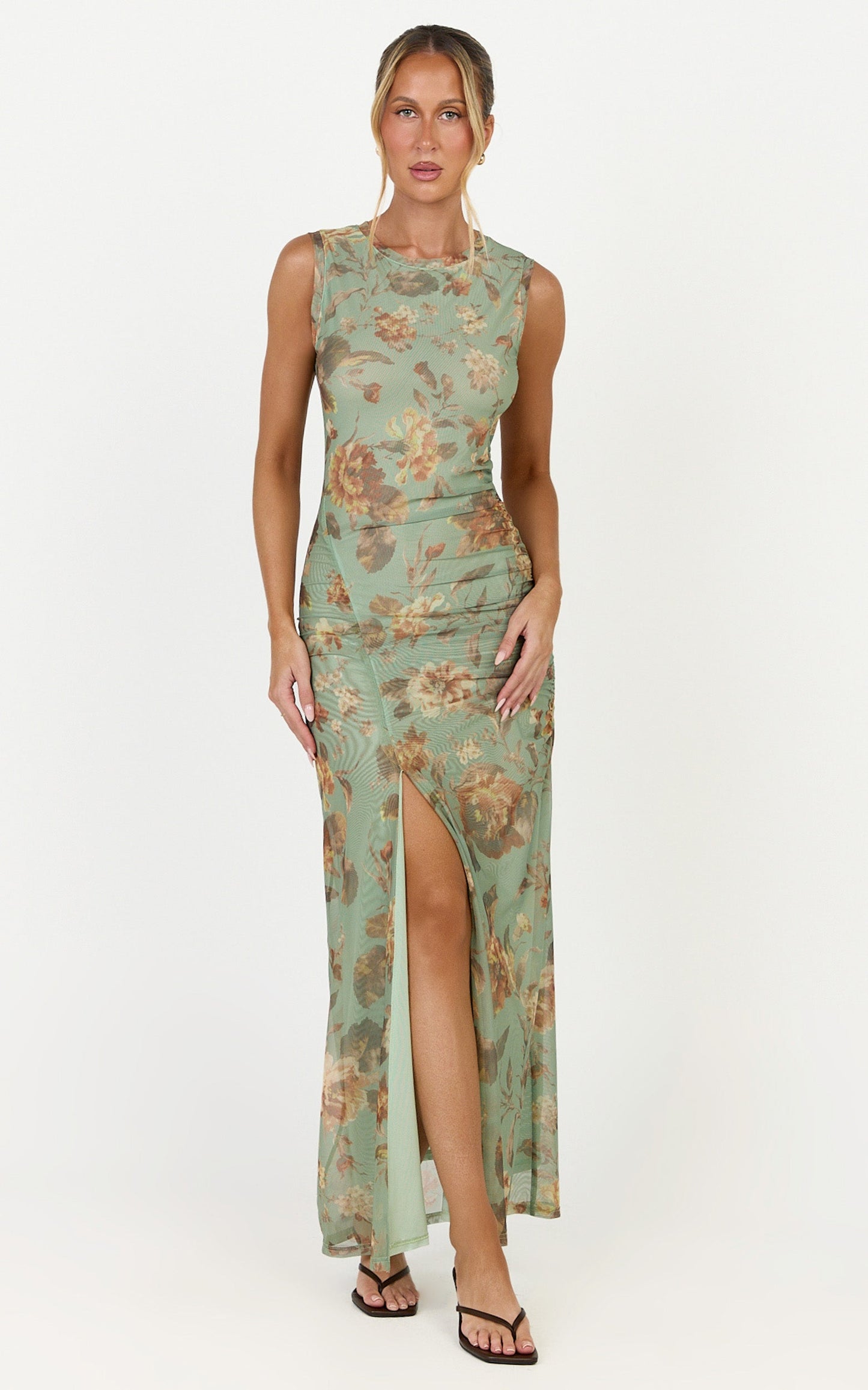 Amy Maxi Dress - Gathered Detail Front Split Sleeveless Dress in Multi
