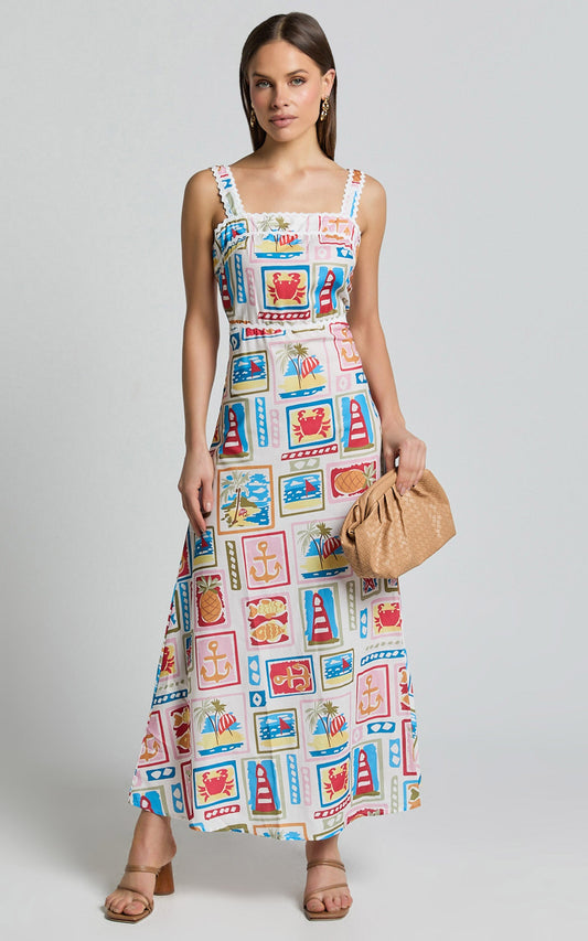 Anabelle Maxi Linen Blend Dress - Fit and Flare Scallop Trim Detail Maxi Dress in Multi