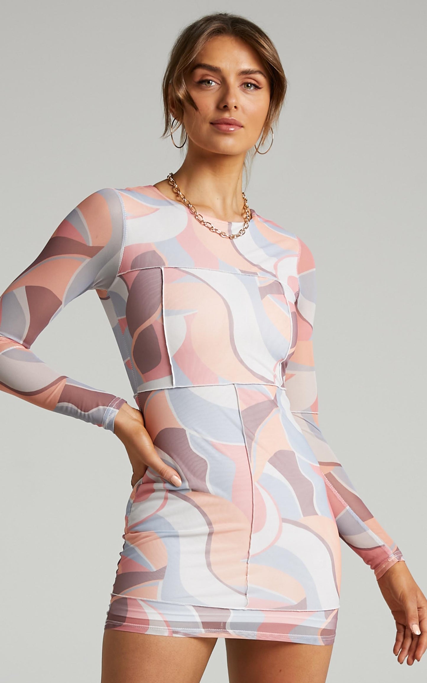 Anakin Long sleeve Mesh Mini dress in Retro Swirl