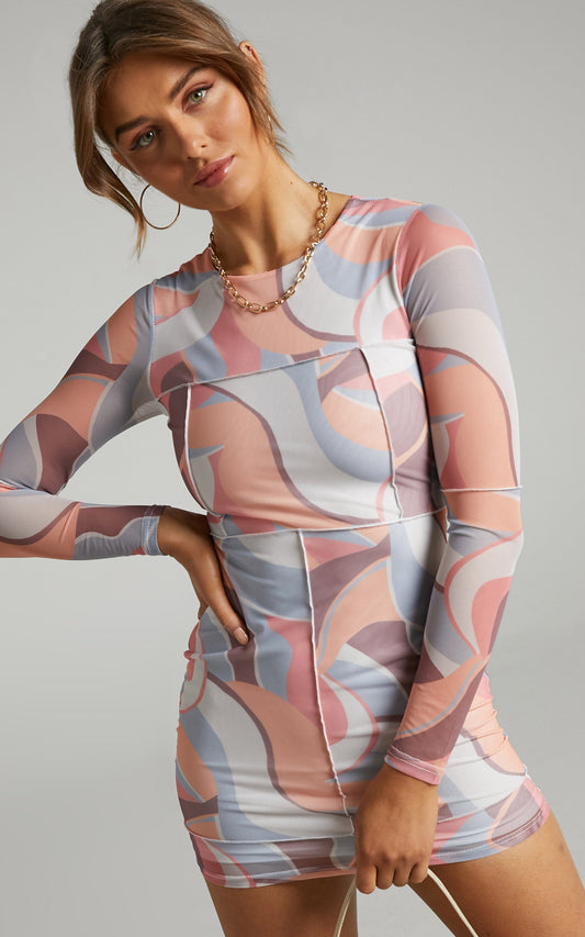Anakin Long sleeve Mesh Mini dress in Retro Swirl