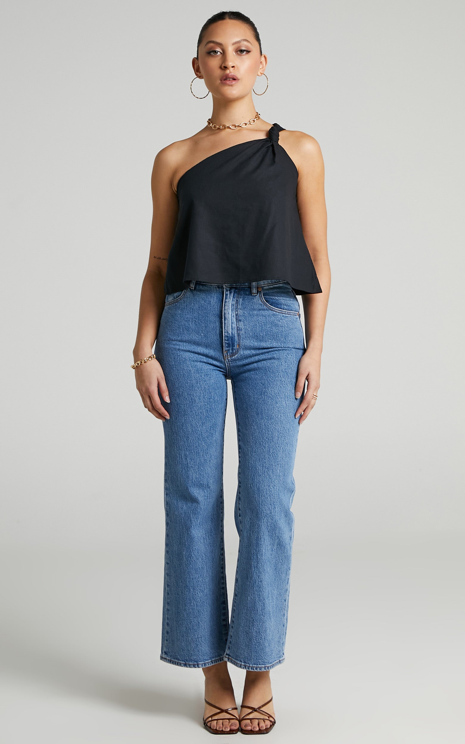 Analia Top - Linen One Shoulde Knot Detail Top in Black