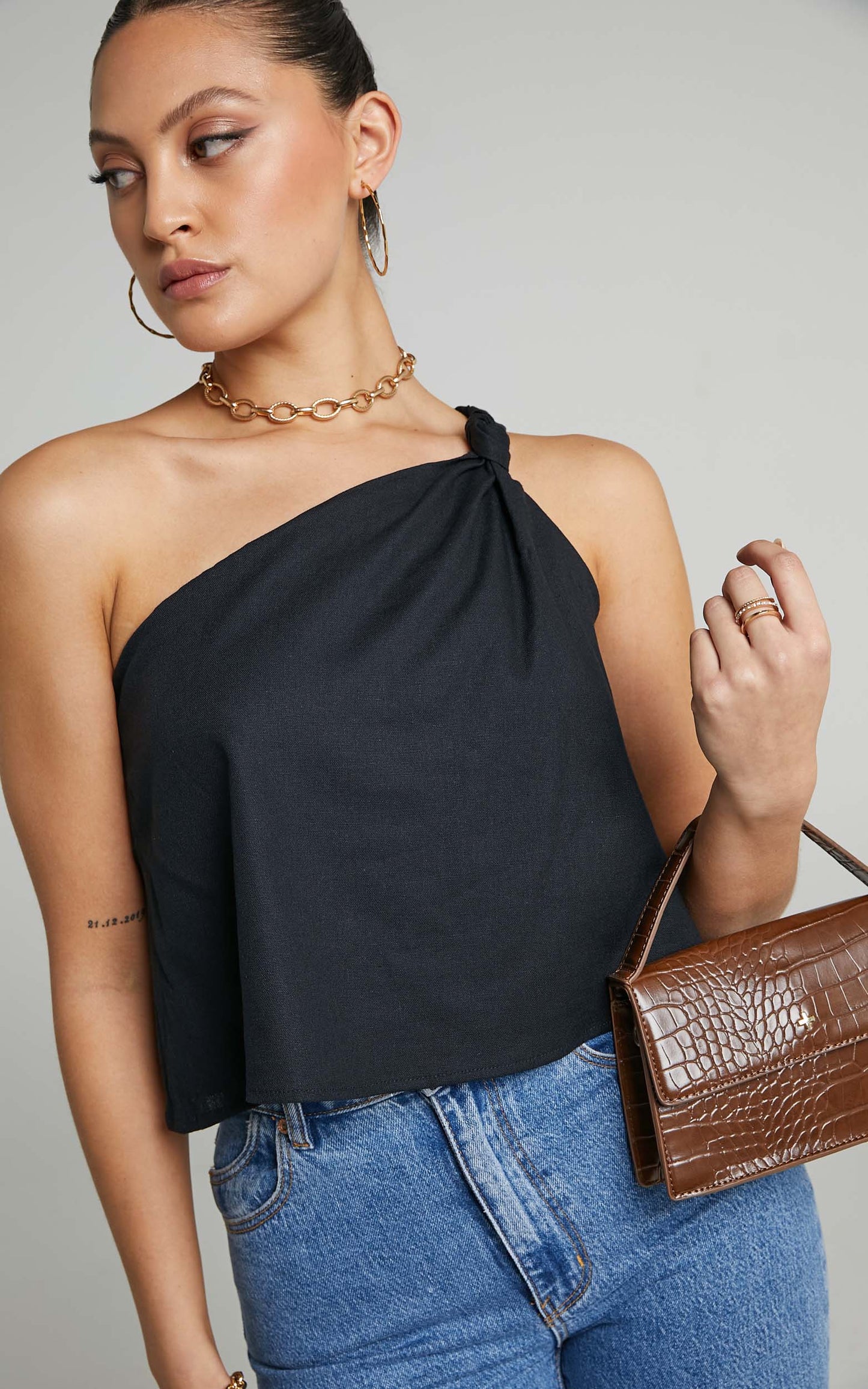 Analia Top - Linen One Shoulde Knot Detail Top in Black