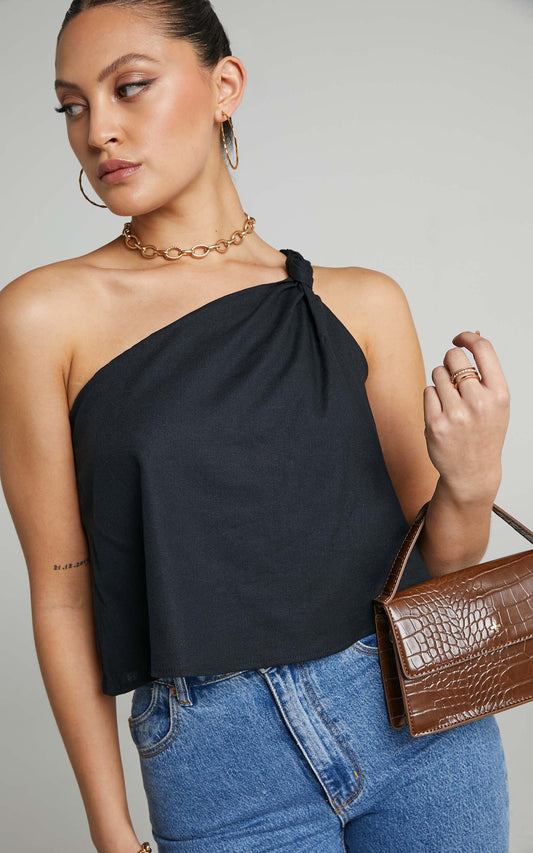 Analia Top - Linen One Shoulde Knot Detail Top in Black