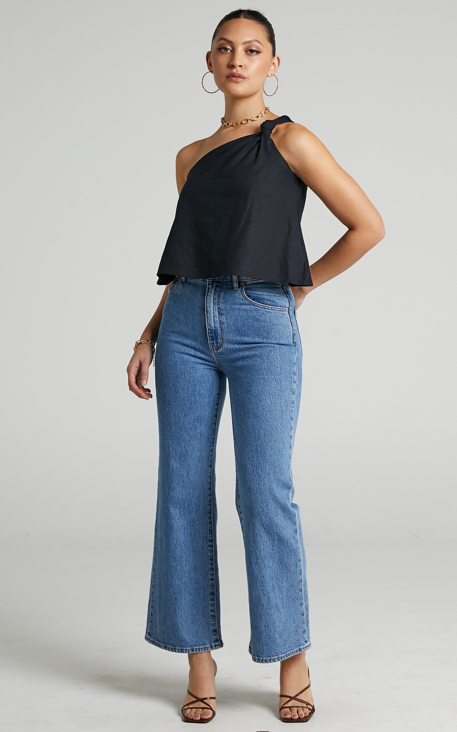 Analia Top - Linen One Shoulde Knot Detail Top in Black