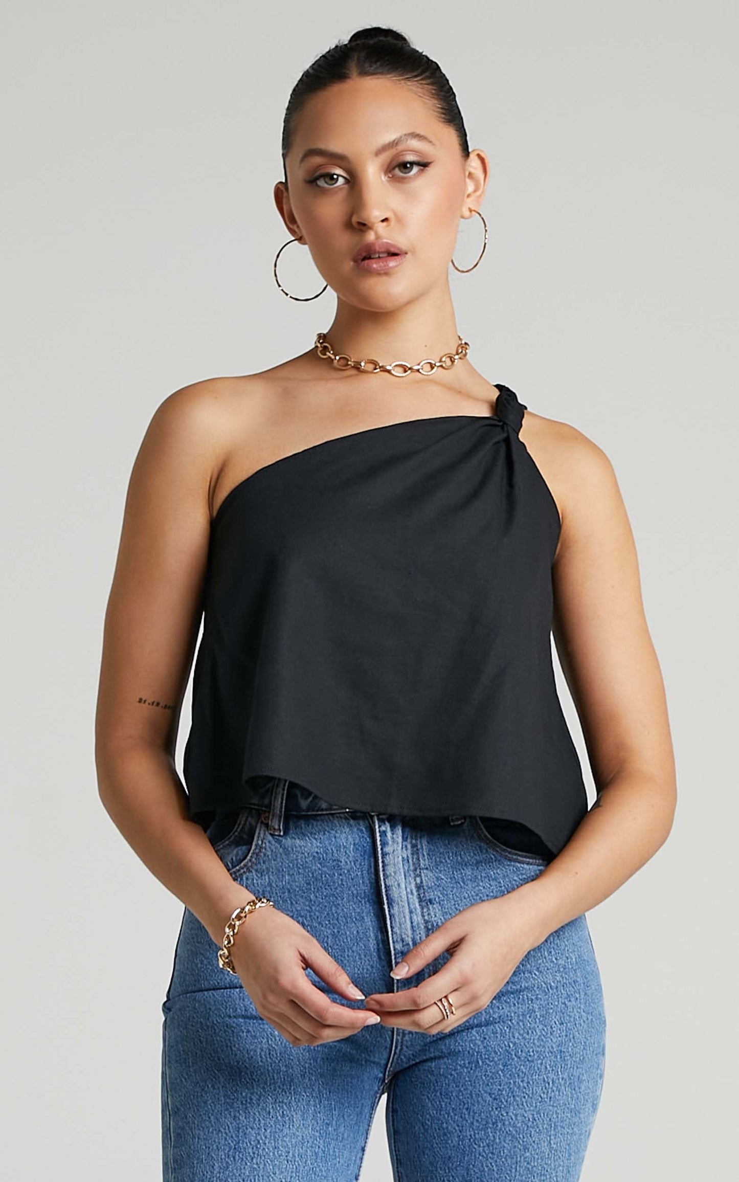 Analia Top - Linen One Shoulde Knot Detail Top in Black