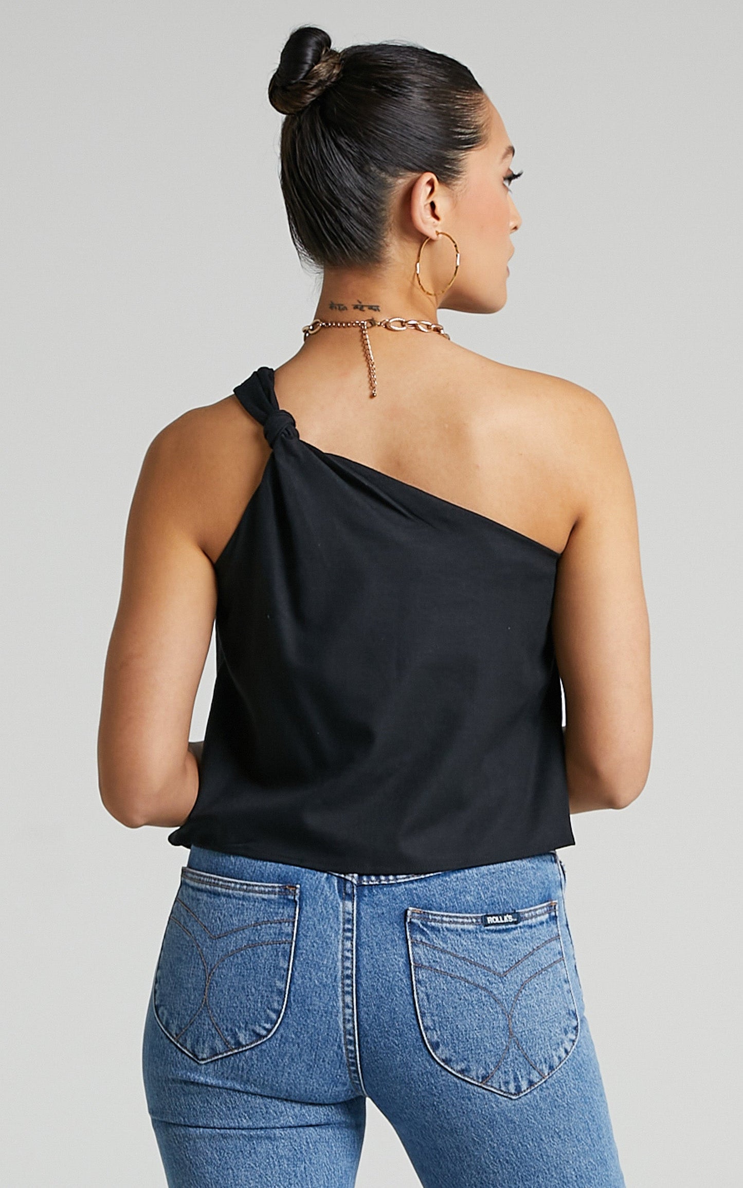 Analia Top - Linen One Shoulde Knot Detail Top in Black