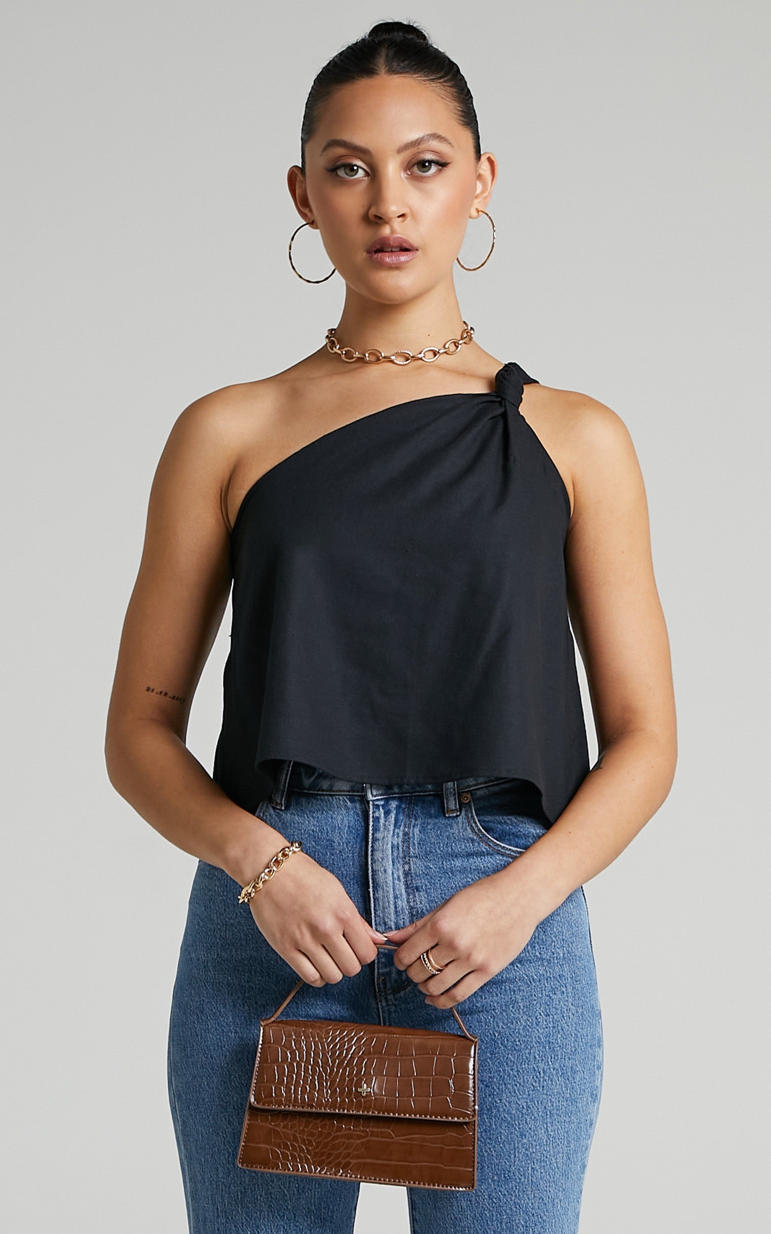 Analia Top - Linen One Shoulde Knot Detail Top in Black