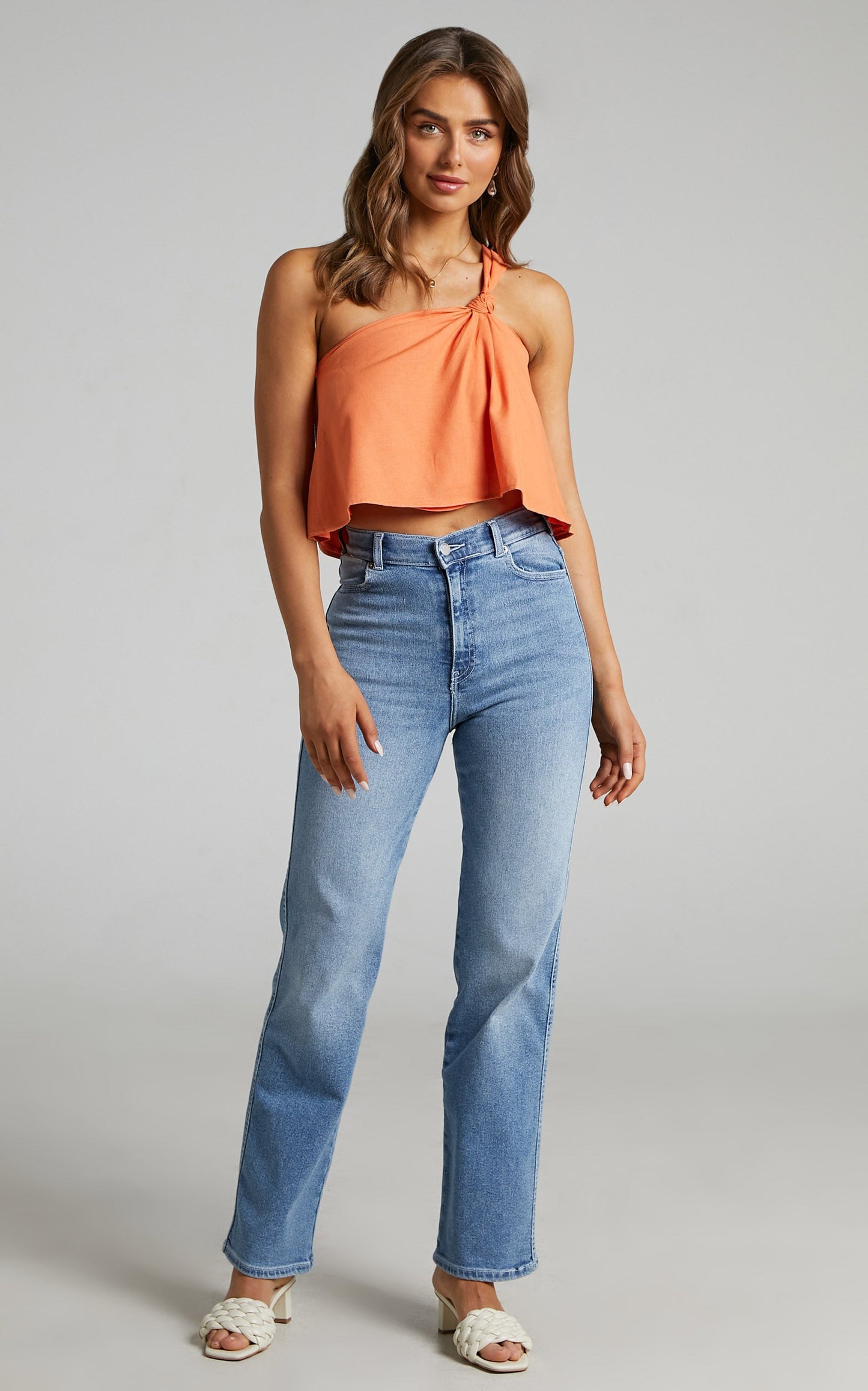 Analia Top - Linen One Shoulde Knot Detail Top in Orange