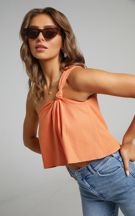 Analia Top - Linen One Shoulde Knot Detail Top in Orange