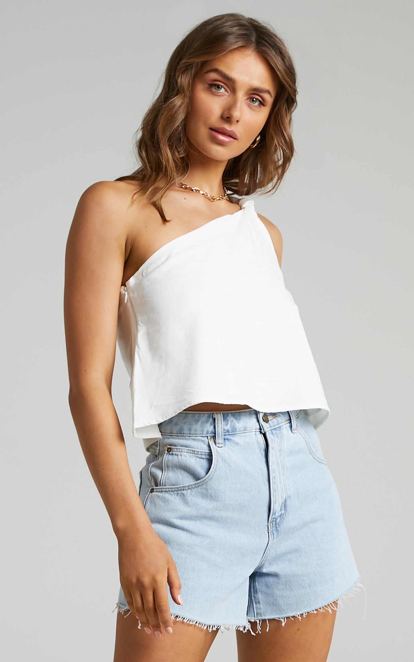Analia Top - Linen One Shoulde Knot Detail Top in White