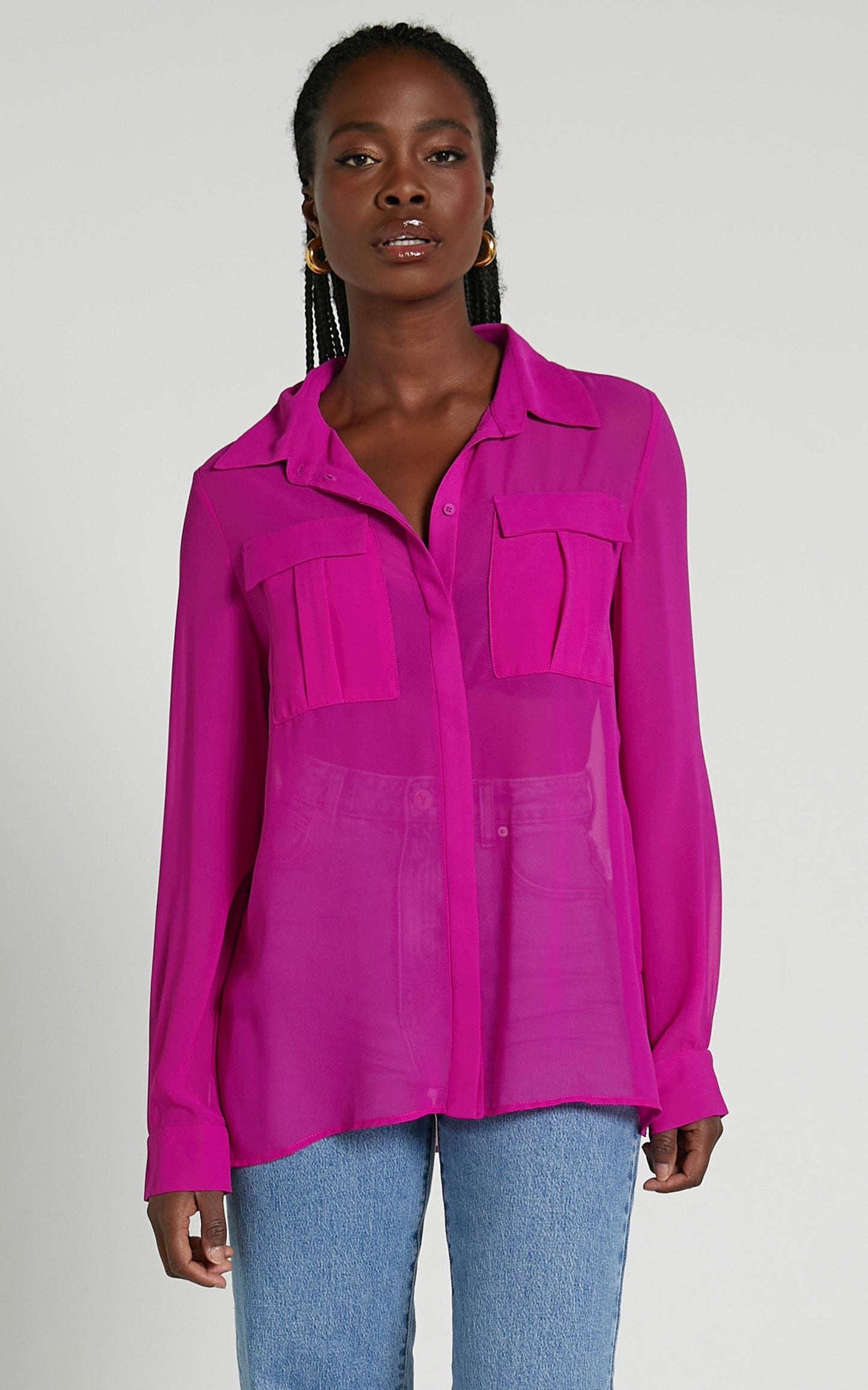 Analie Top - Collared Button Through Long Sleeve Shirt in Fuchsia