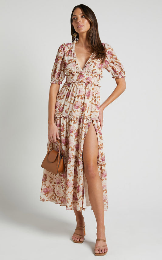 Analiza Midi Dress - Puff Sleeve Tiered Dress in Purple Floral