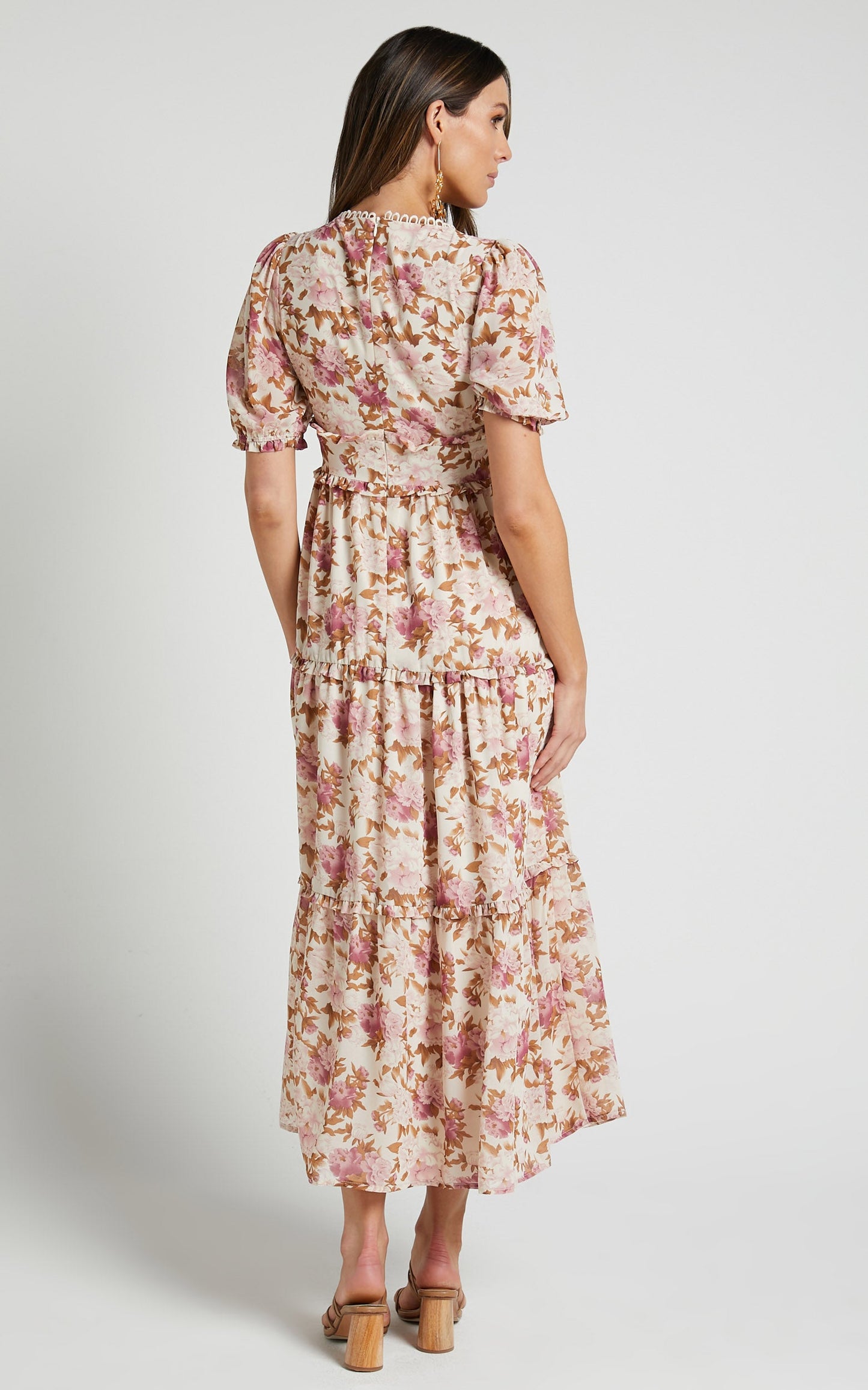 Analiza Midi Dress - Puff Sleeve Tiered Dress in Purple Floral