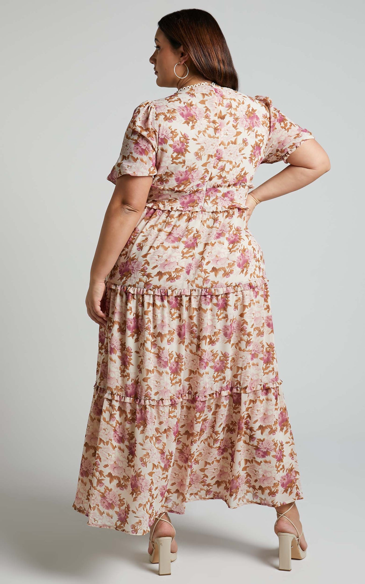 Analiza Midi Dress - Puff Sleeve Tiered Dress in Purple Floral