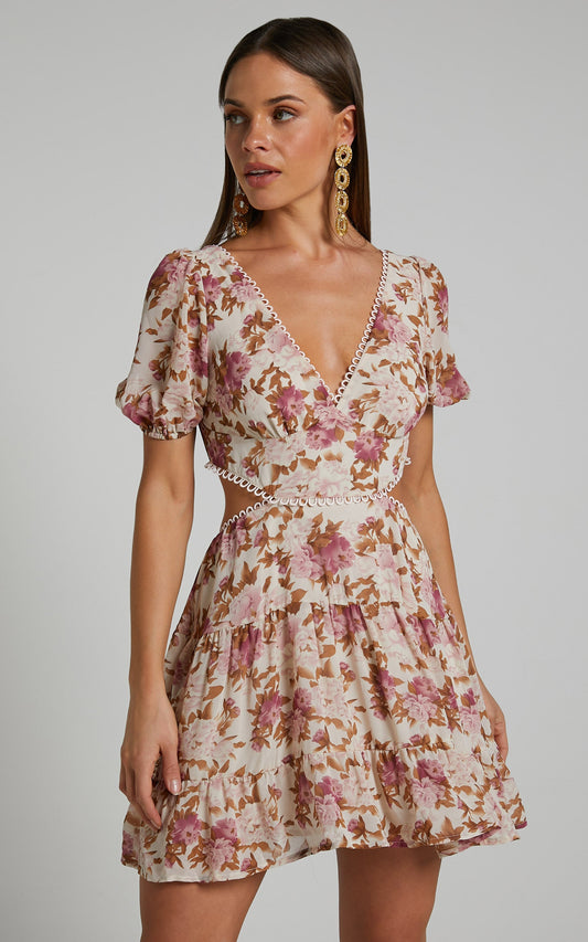 AnalizaMini  Dress - Puff Sleeve Tiered Dress in Purple Floral