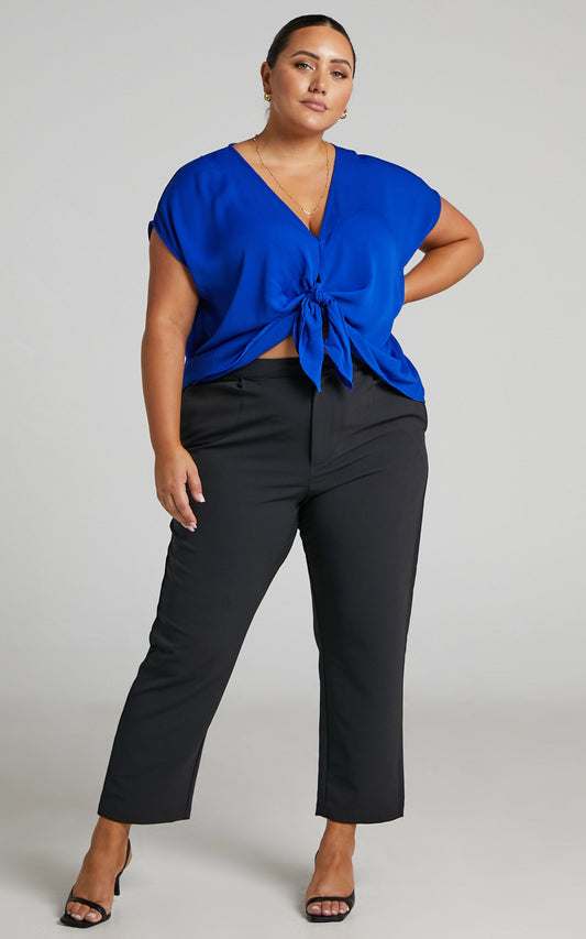 Analou Top - Tie Front V-Neck Blouse Top in Blue
