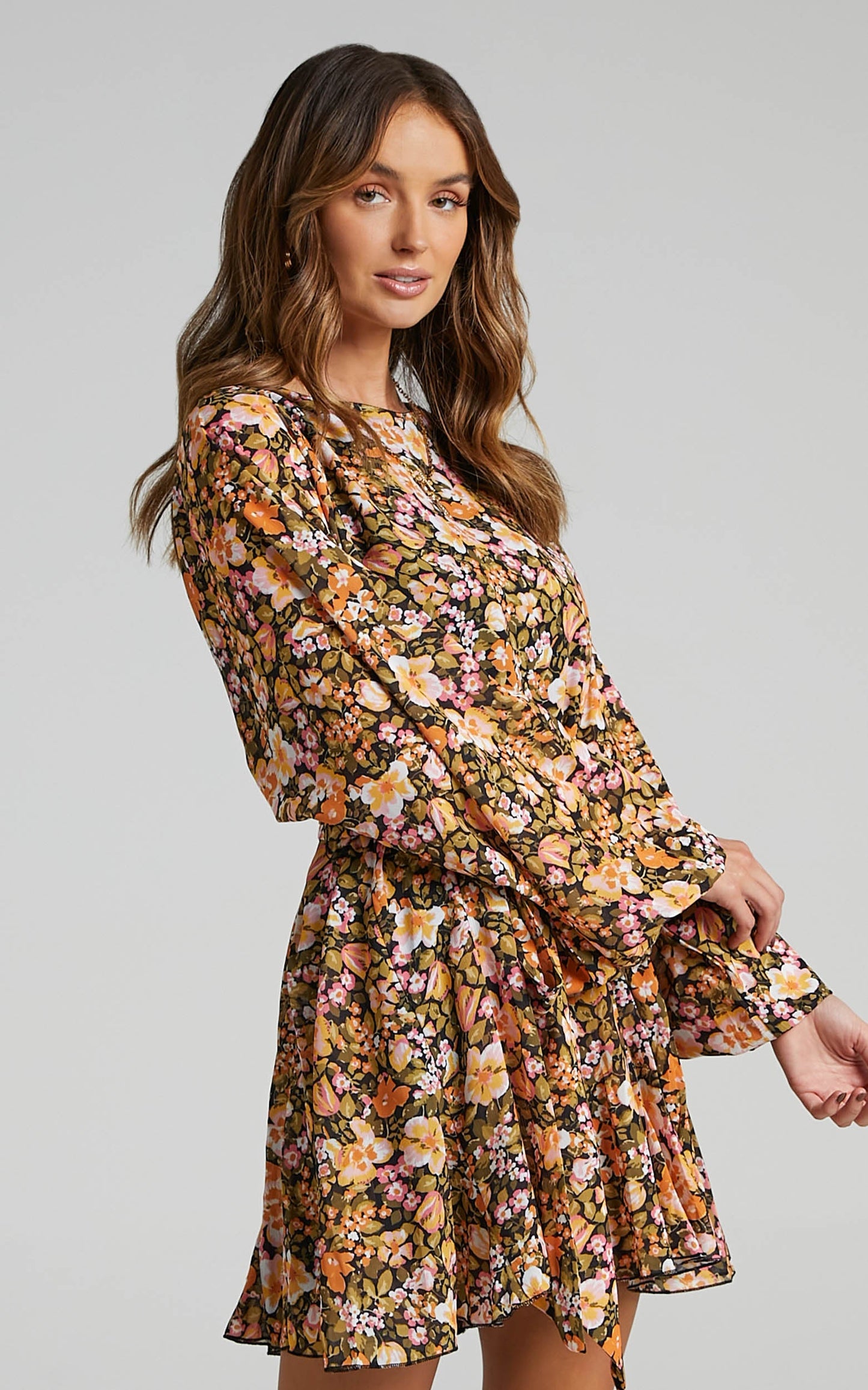 Henny Mini Dress - Tie Front Longsleeve Dress in Black Floral