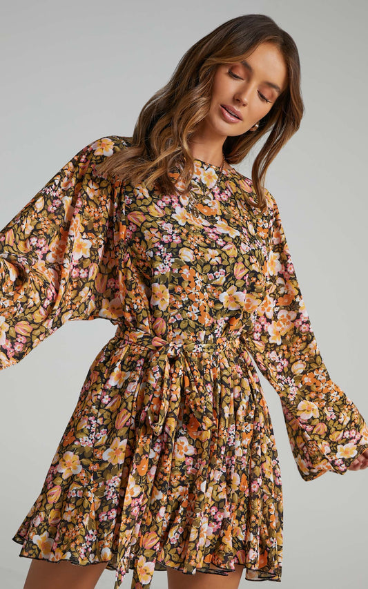 Henny Mini Dress - Tie Front Longsleeve Dress in Black Floral