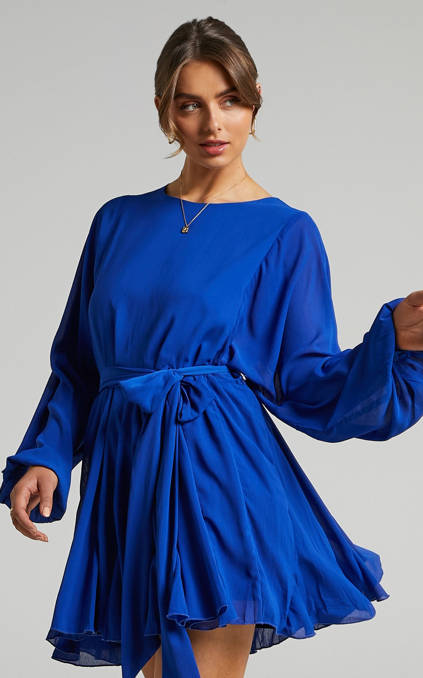 Henny Mini Dress - Tie Front Longsleeve Dress in Cobalt
