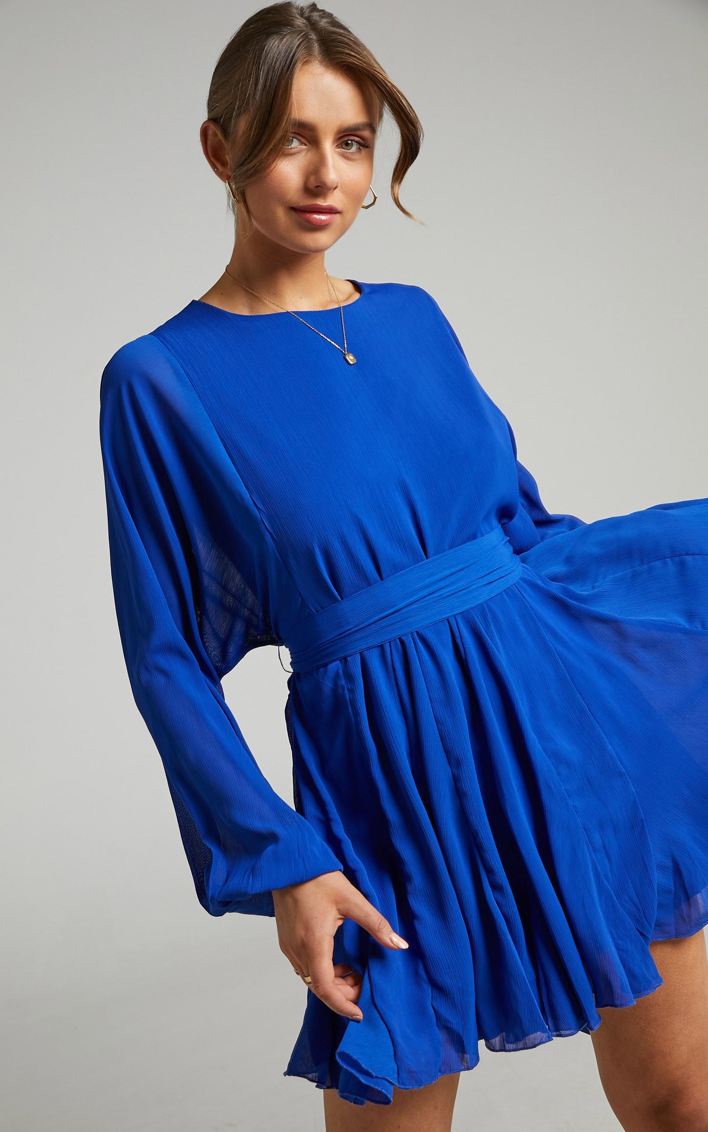 Henny Mini Dress - Tie Front Longsleeve Dress in Cobalt