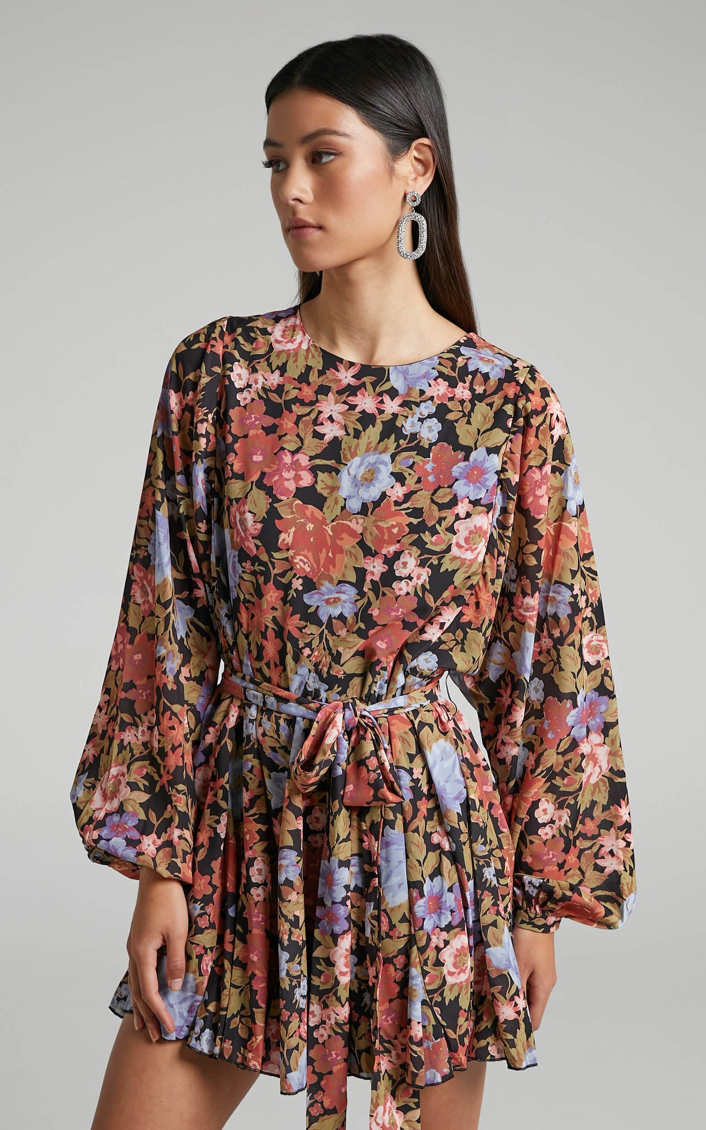 Henny Mini Dress - Tie Front Longsleeve Dress in Dusk Floral Print