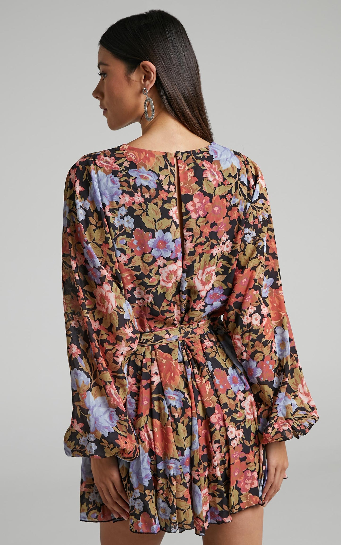 Henny Mini Dress - Tie Front Longsleeve Dress in Dusk Floral Print