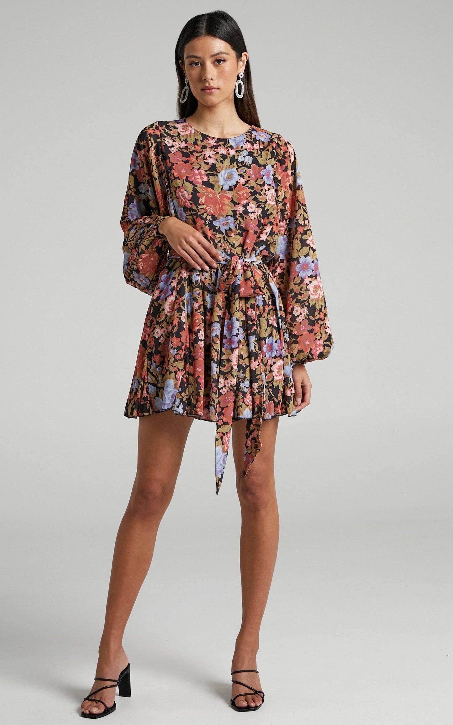 Henny Mini Dress - Tie Front Longsleeve Dress in Dusk Floral Print
