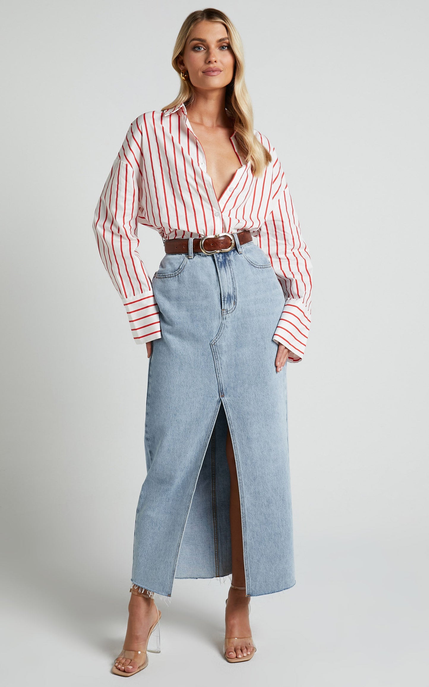 Anderson Top - Collared Long Sleeve Shirt in Red Stripe