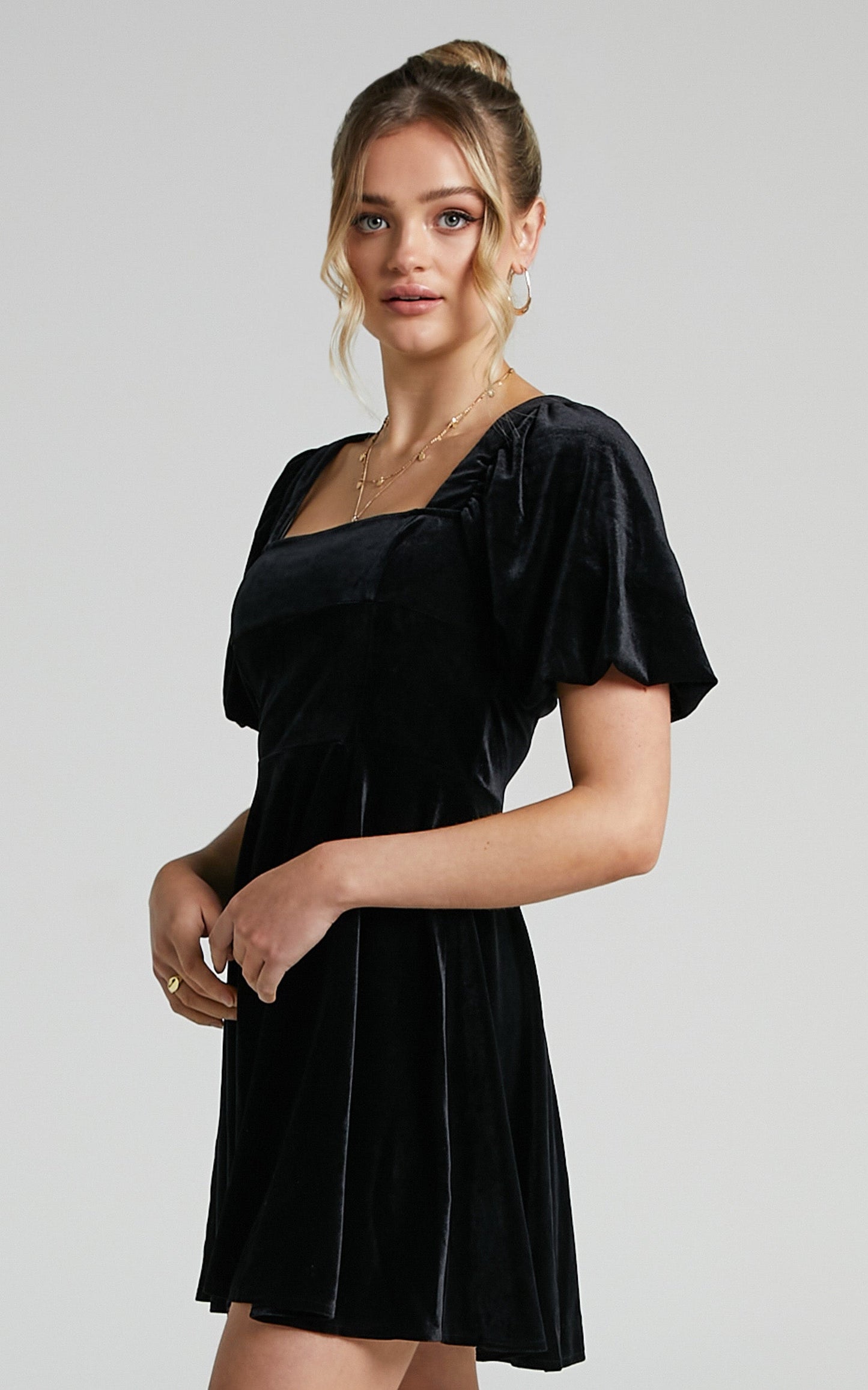 Andi Mini Dress - Square Neck Puff Sleeve Dress in Black Velvet