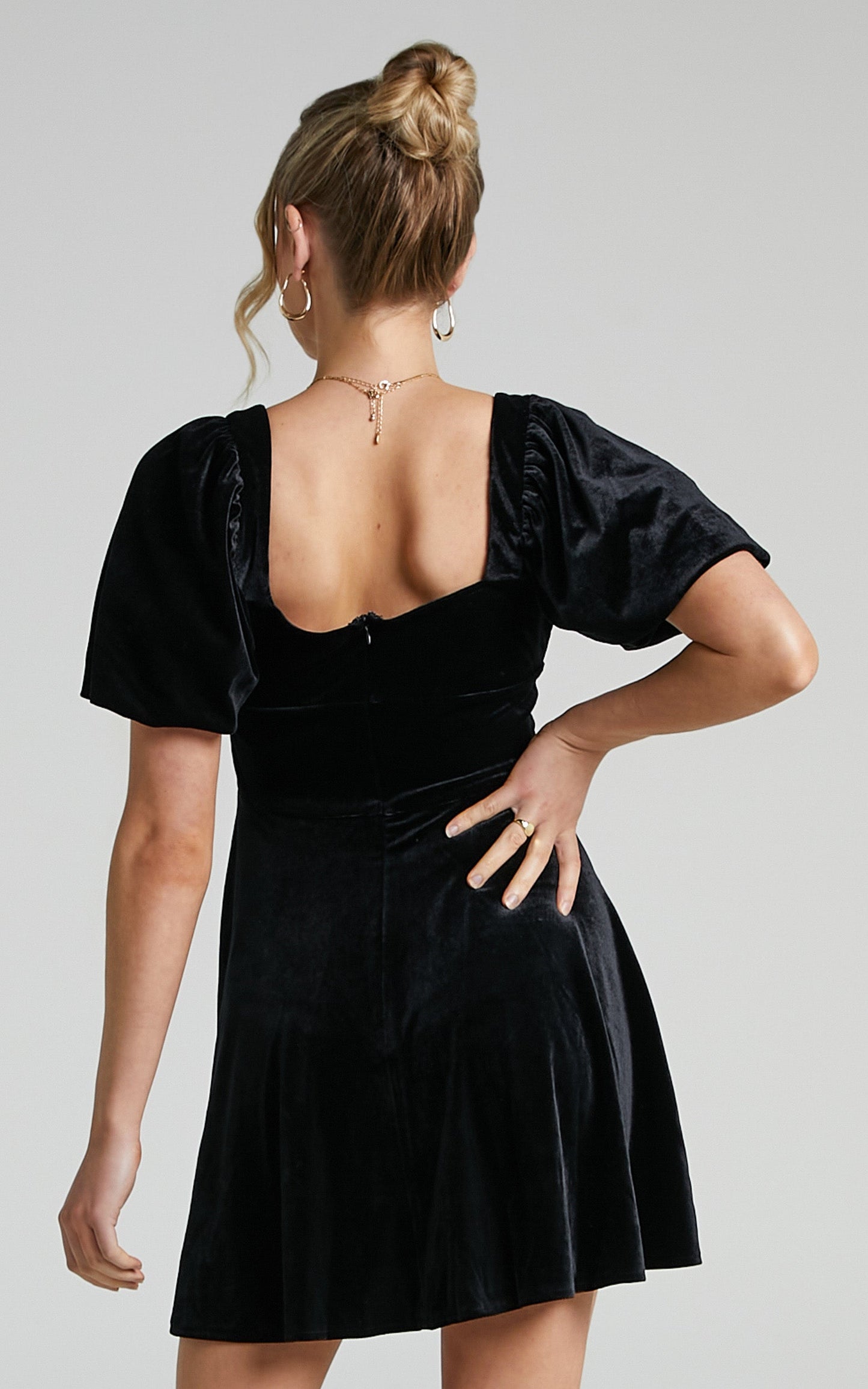 Andi Mini Dress - Square Neck Puff Sleeve Dress in Black Velvet