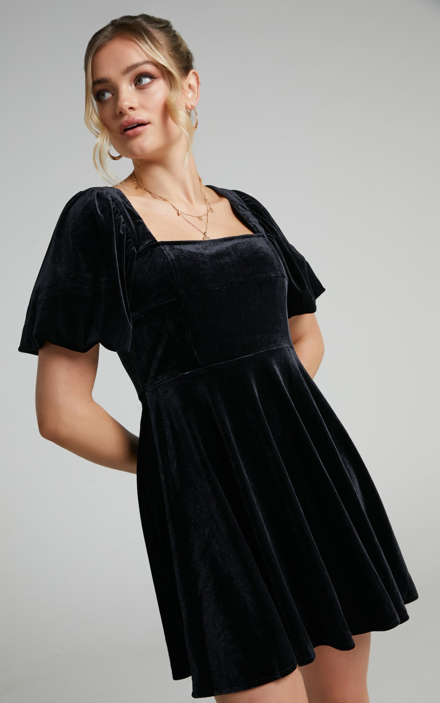 Andi Mini Dress - Square Neck Puff Sleeve Dress in Black Velvet