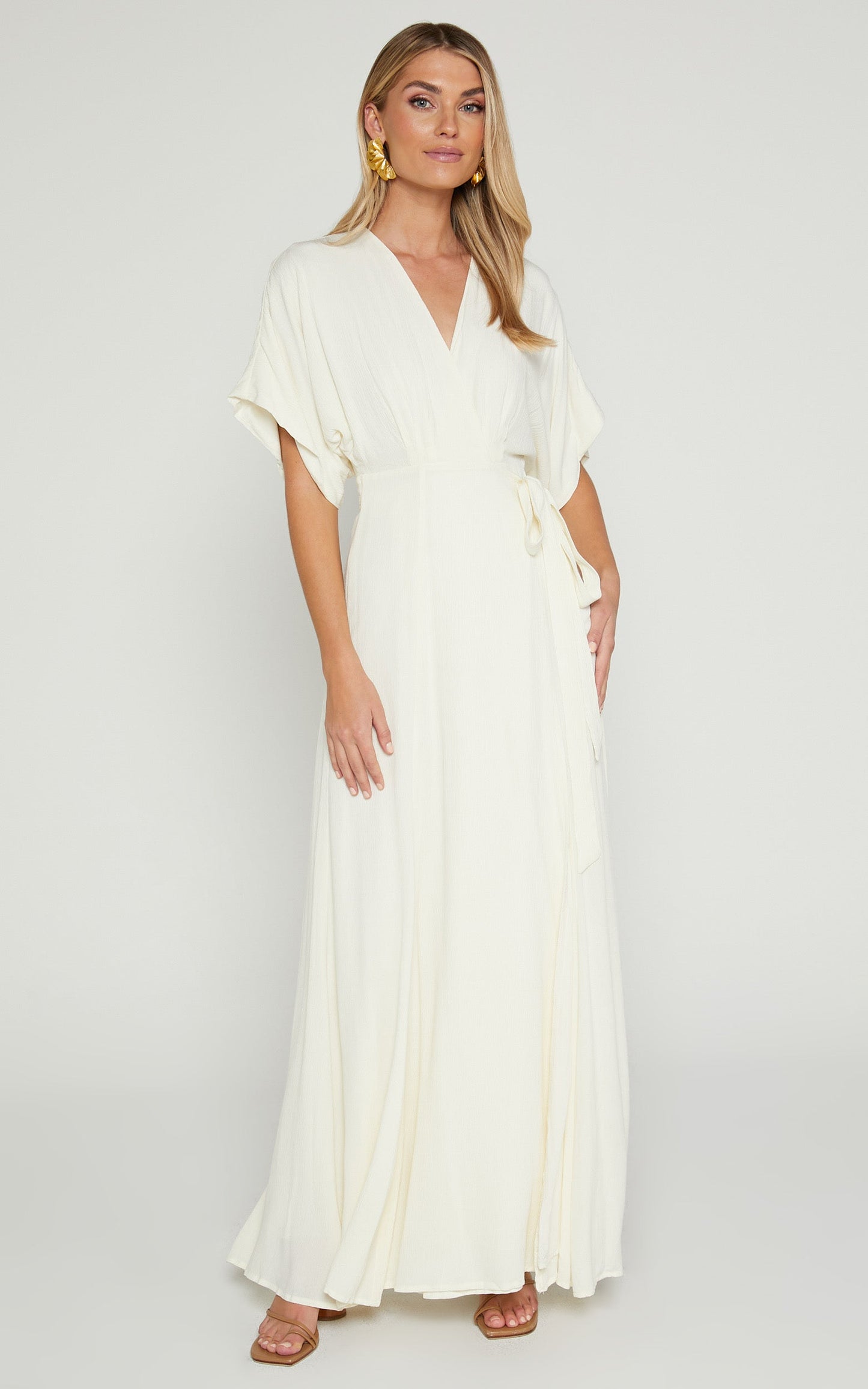 Andria Midi Dress - V Neck Wrap Dress in Cream