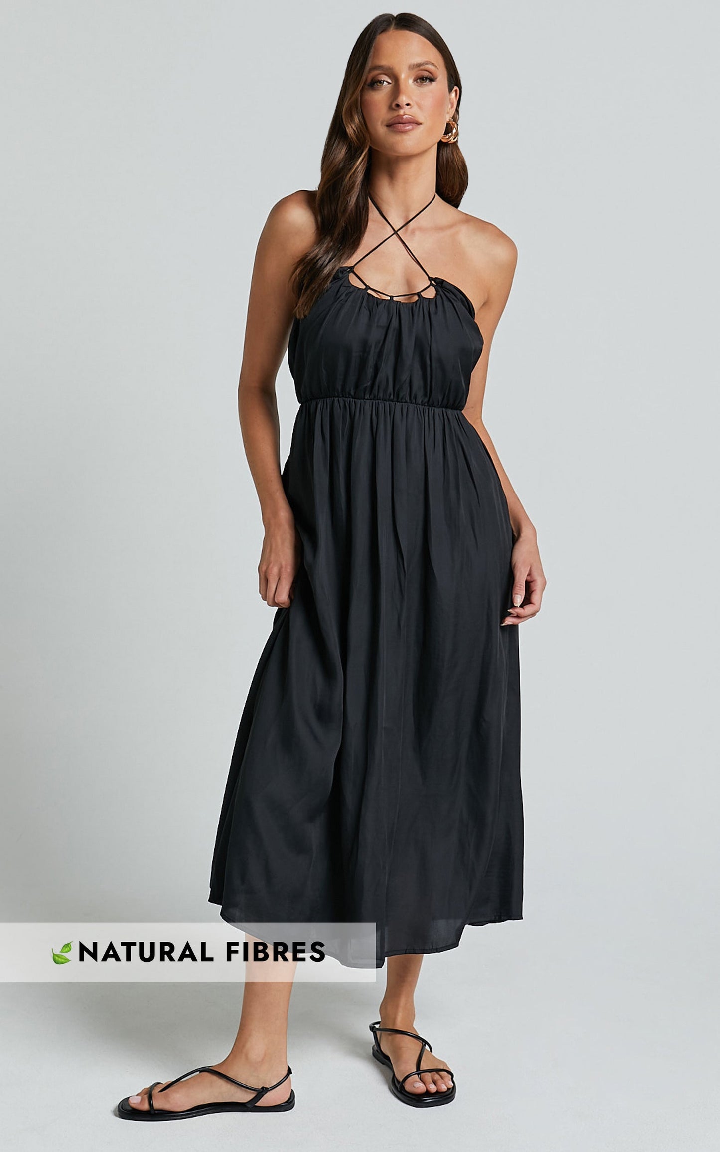 Andy Midi Dress - Halter Neck Ruched Bust Dress in Black