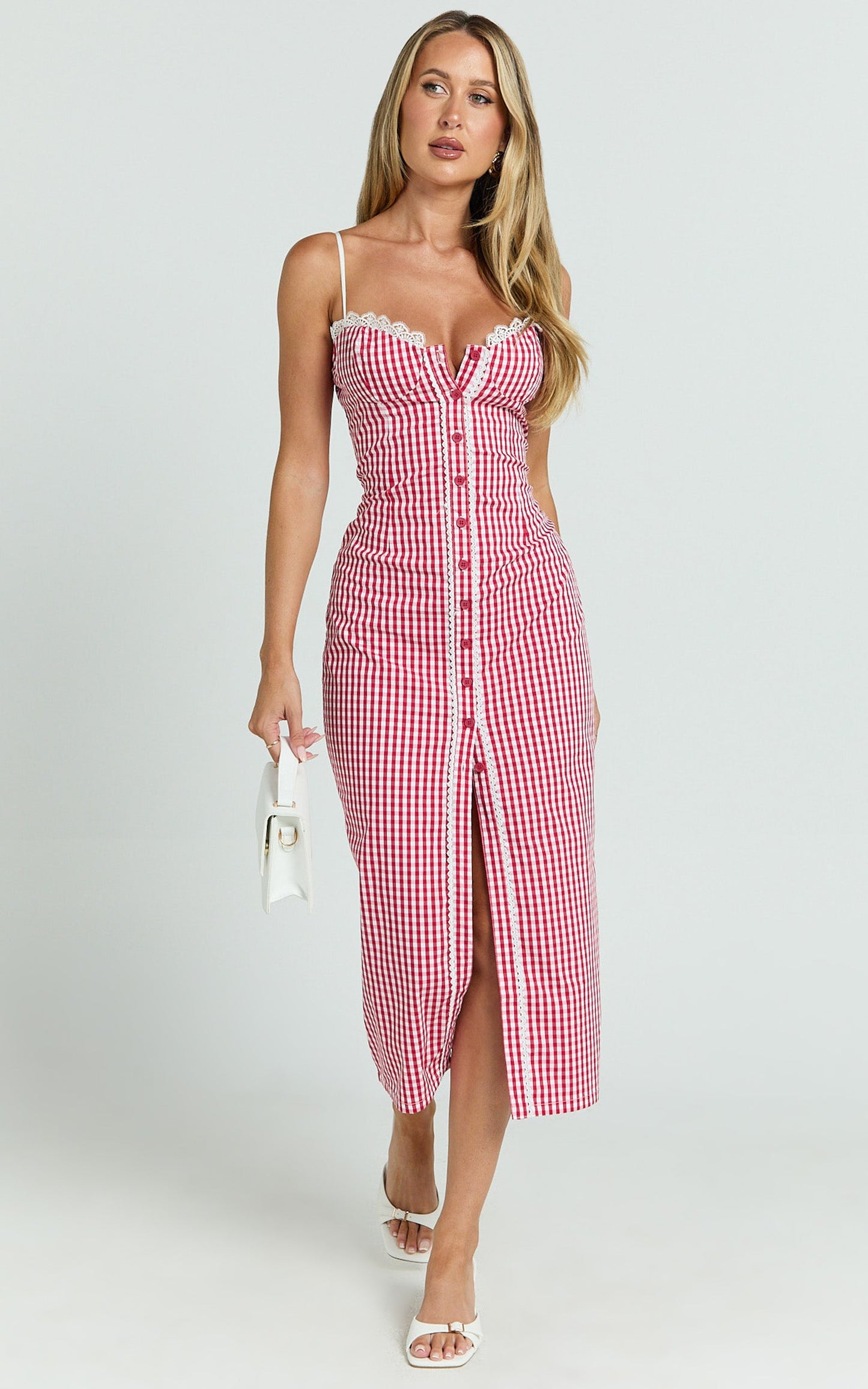 Anessa Midi Dress - Button Front Bustier Fitted Dress in Red Gingham