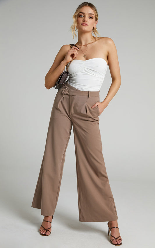Ange Pants - Asymmetric Waistband Pants in Mushroom