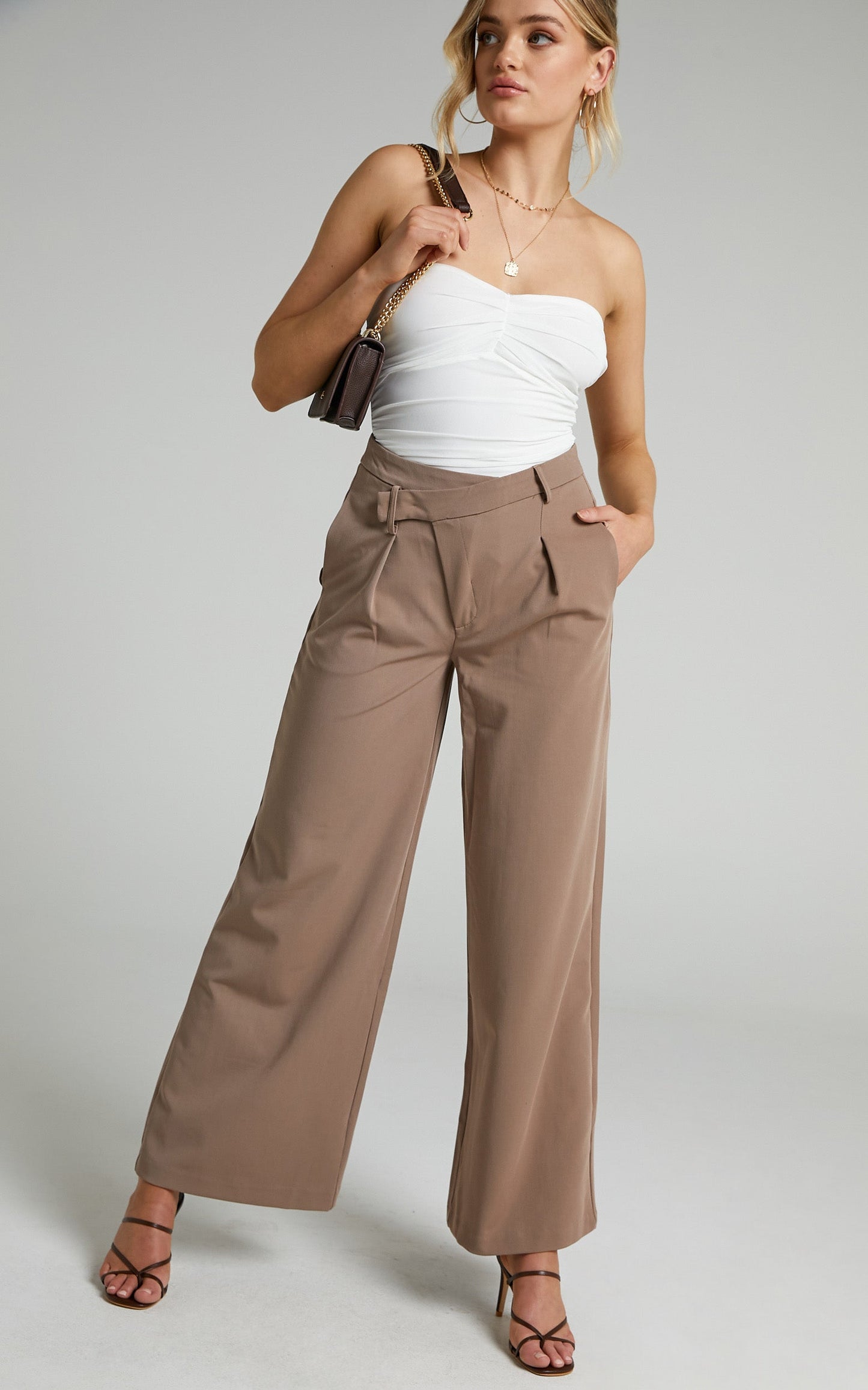 Ange Pants - Asymmetric Waistband Pants in Mushroom
