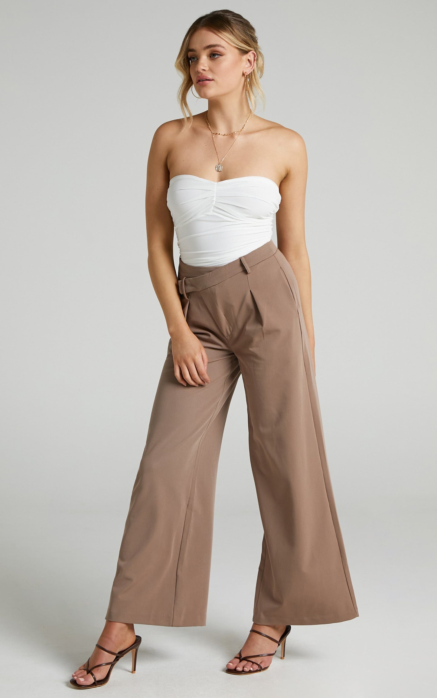 Ange Pants - Asymmetric Waistband Pants in Mushroom