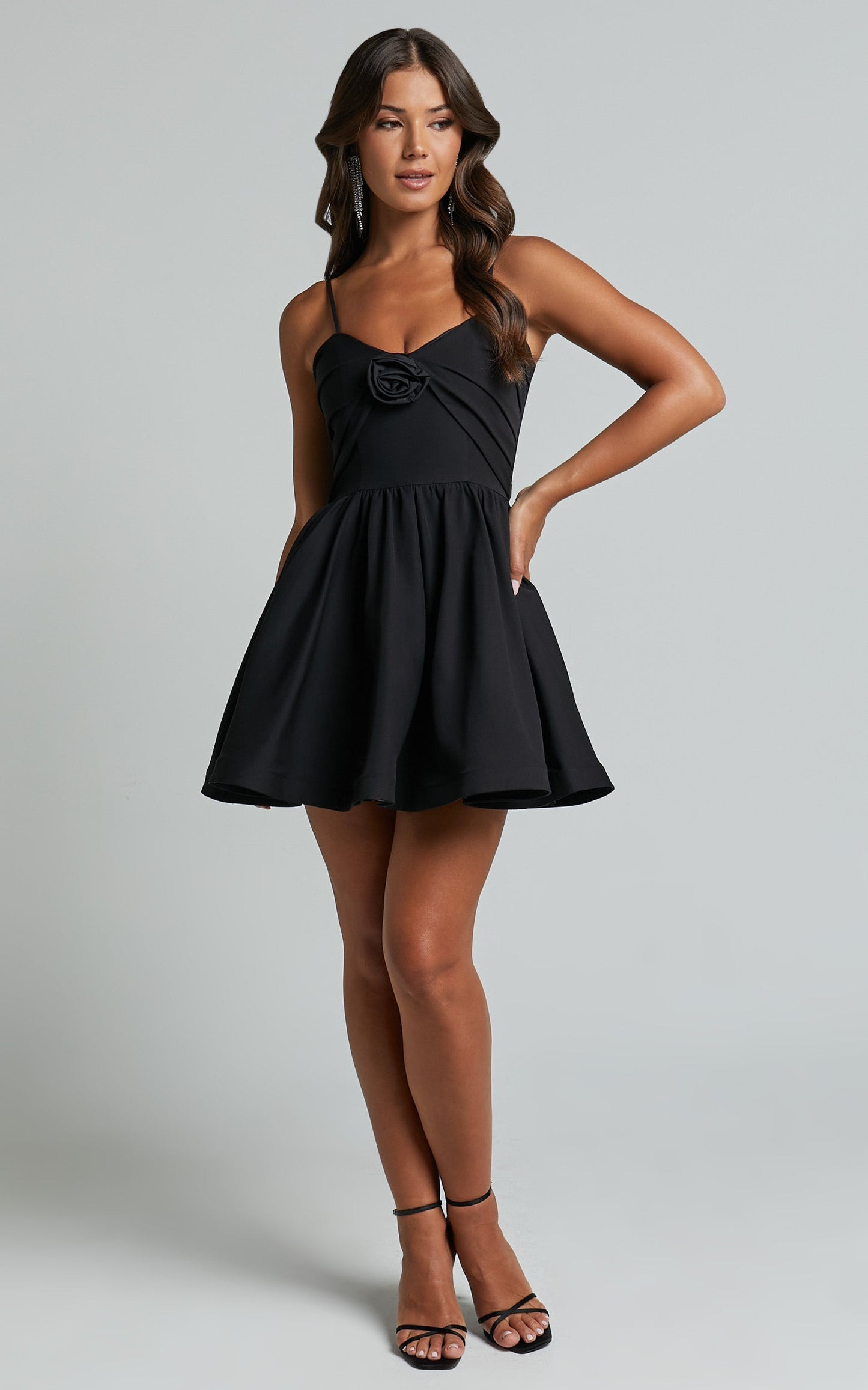 Angel Mini Dress - Sweetheart Rosette Fit and Flare Dress in Black