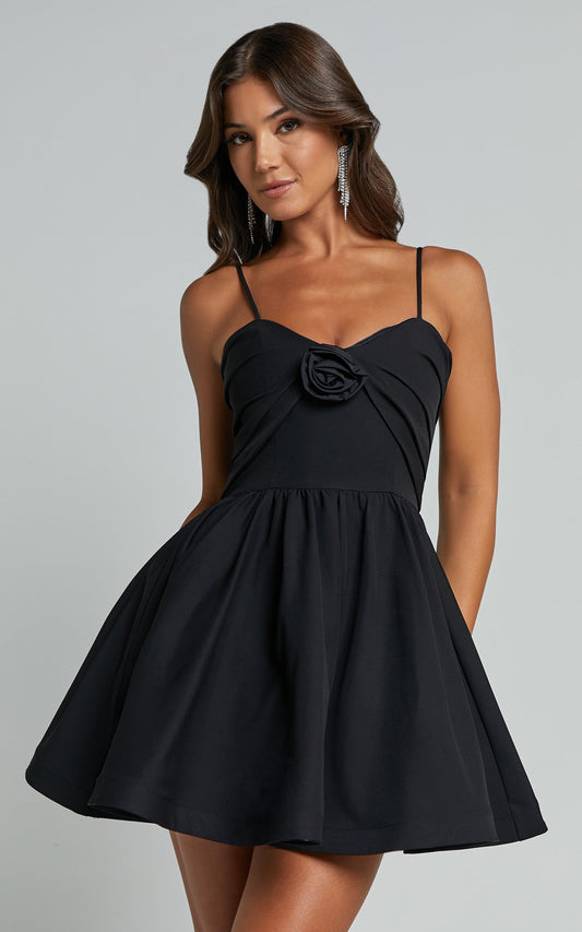 Angel Mini Dress - Sweetheart Rosette Fit and Flare Dress in Black