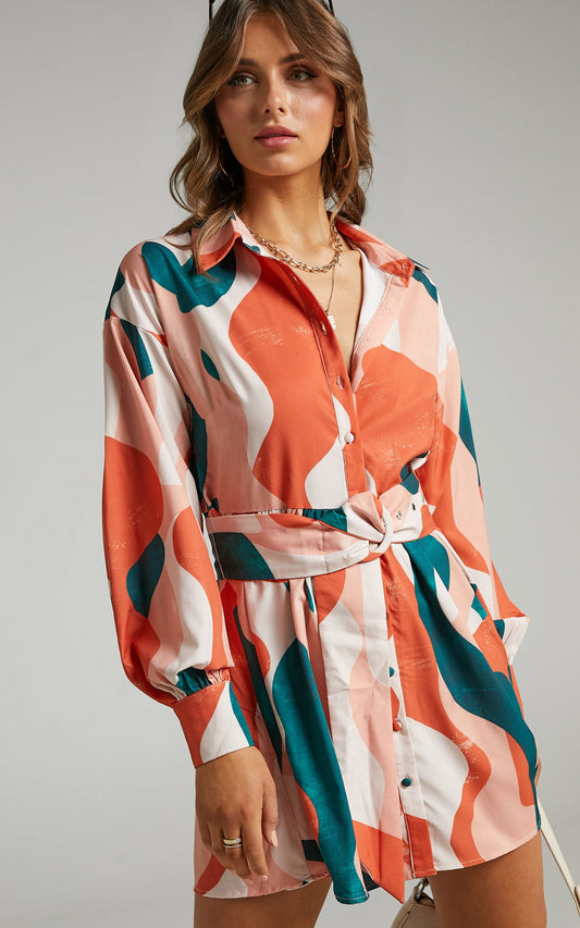 Angelica Button Front Dress with Belt in Tonal Wave