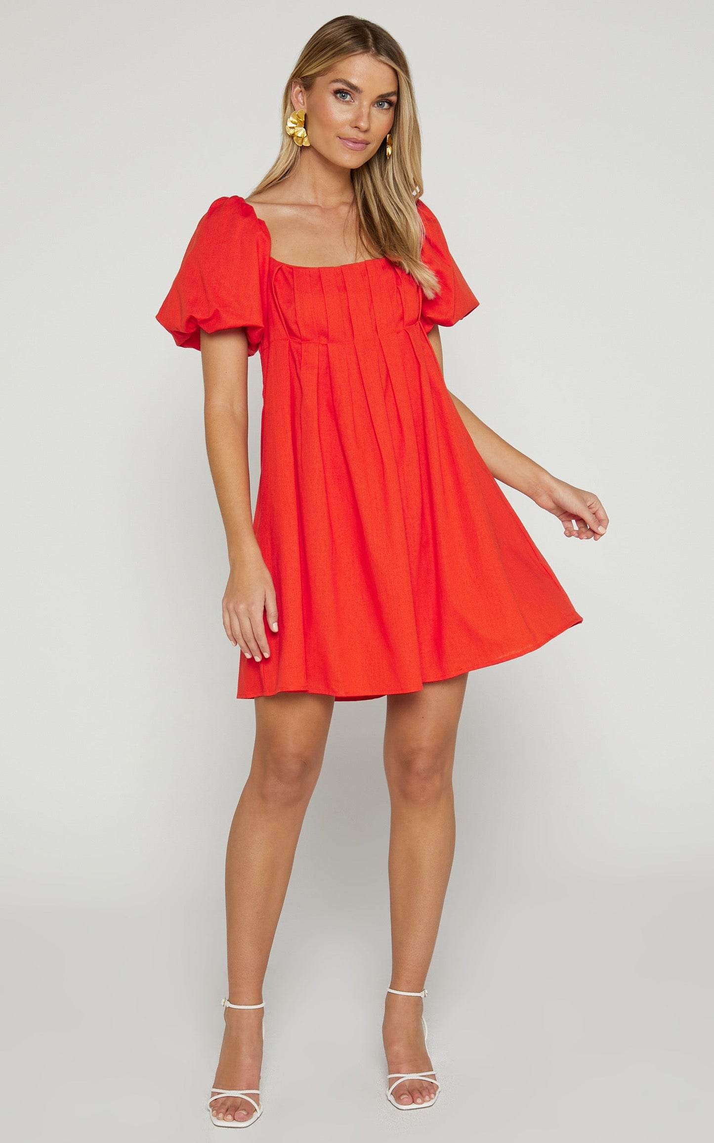Angelica Mini Dress - Linen Puff Sleeves Dress in Red Orange